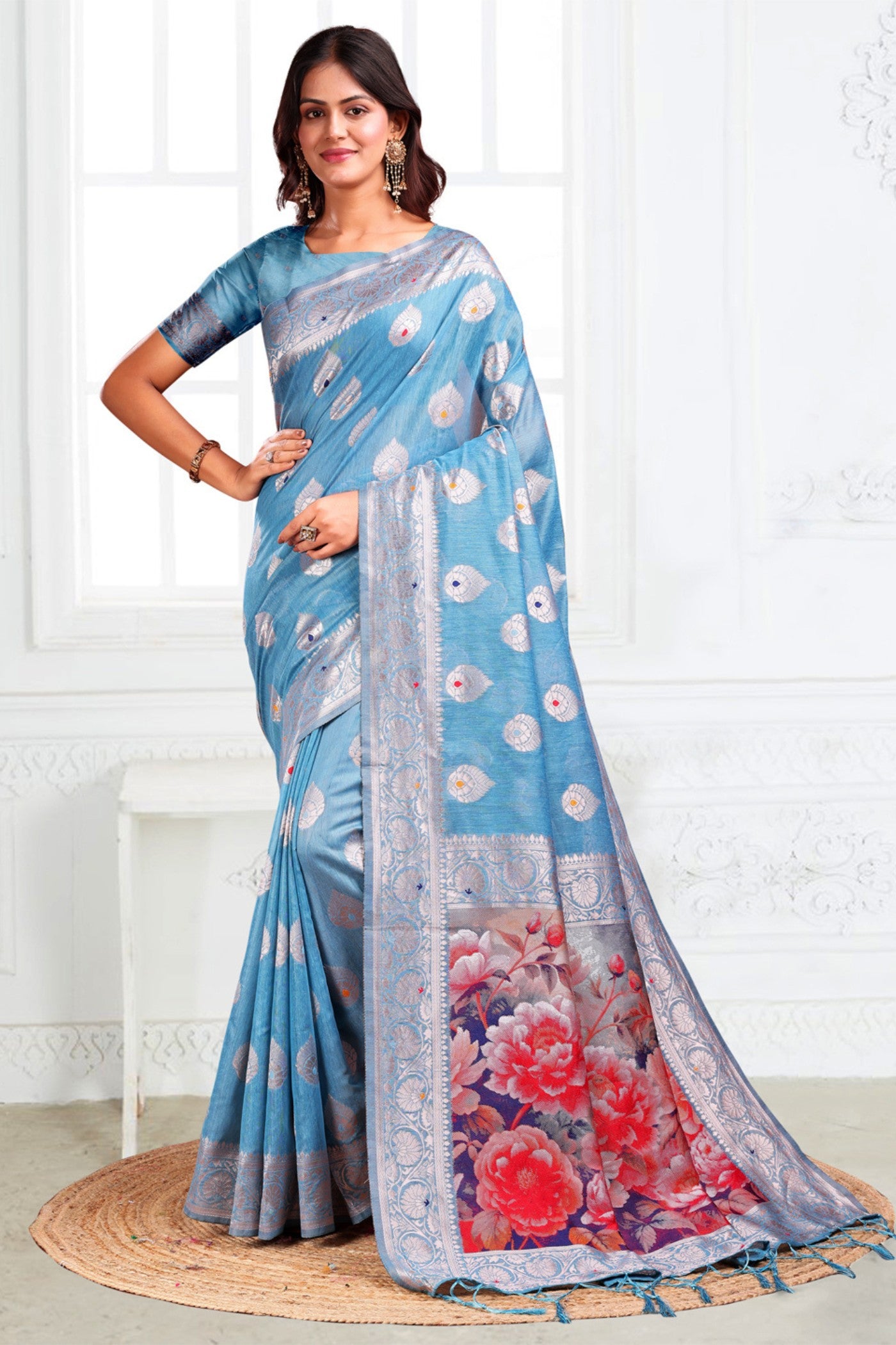 Buy MySilkLove Swiming Blue Woven Linen Cotton Saree Online