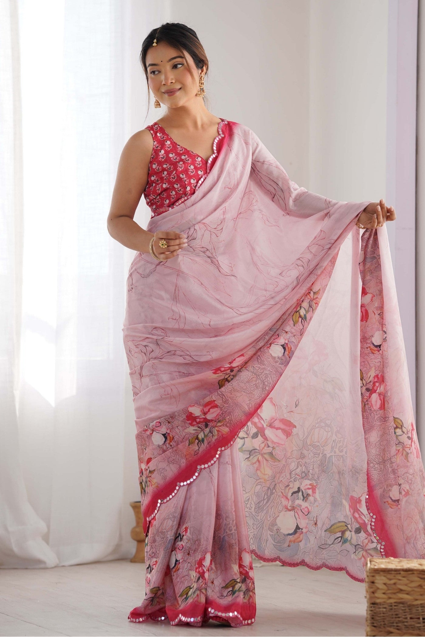 Buy MySilkLove Bush Pink Digital Printed Chinon Saree Online