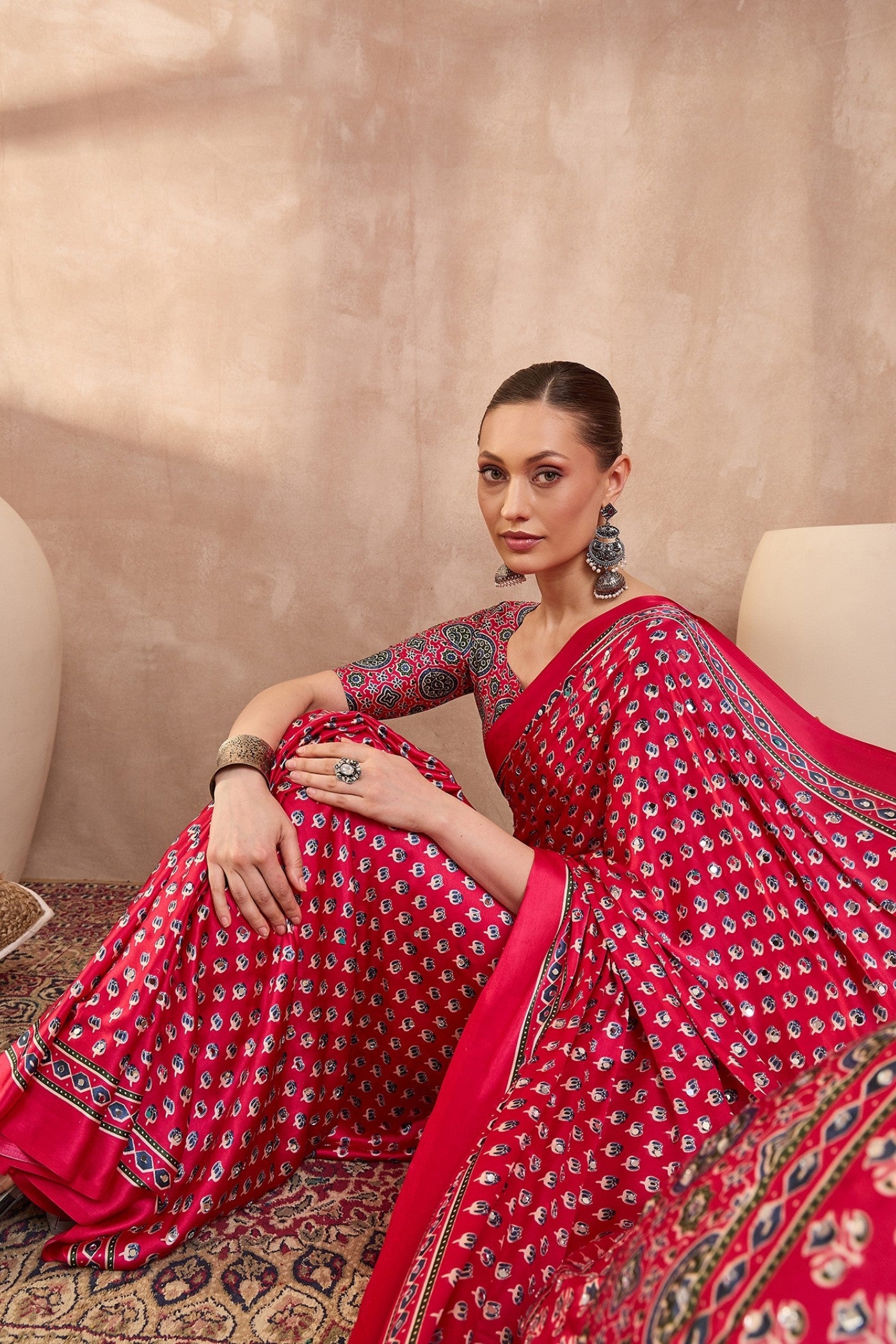 Buy MySilkLove Barn Red Modal Ajrakh Satin Printed Silk Saree Online
