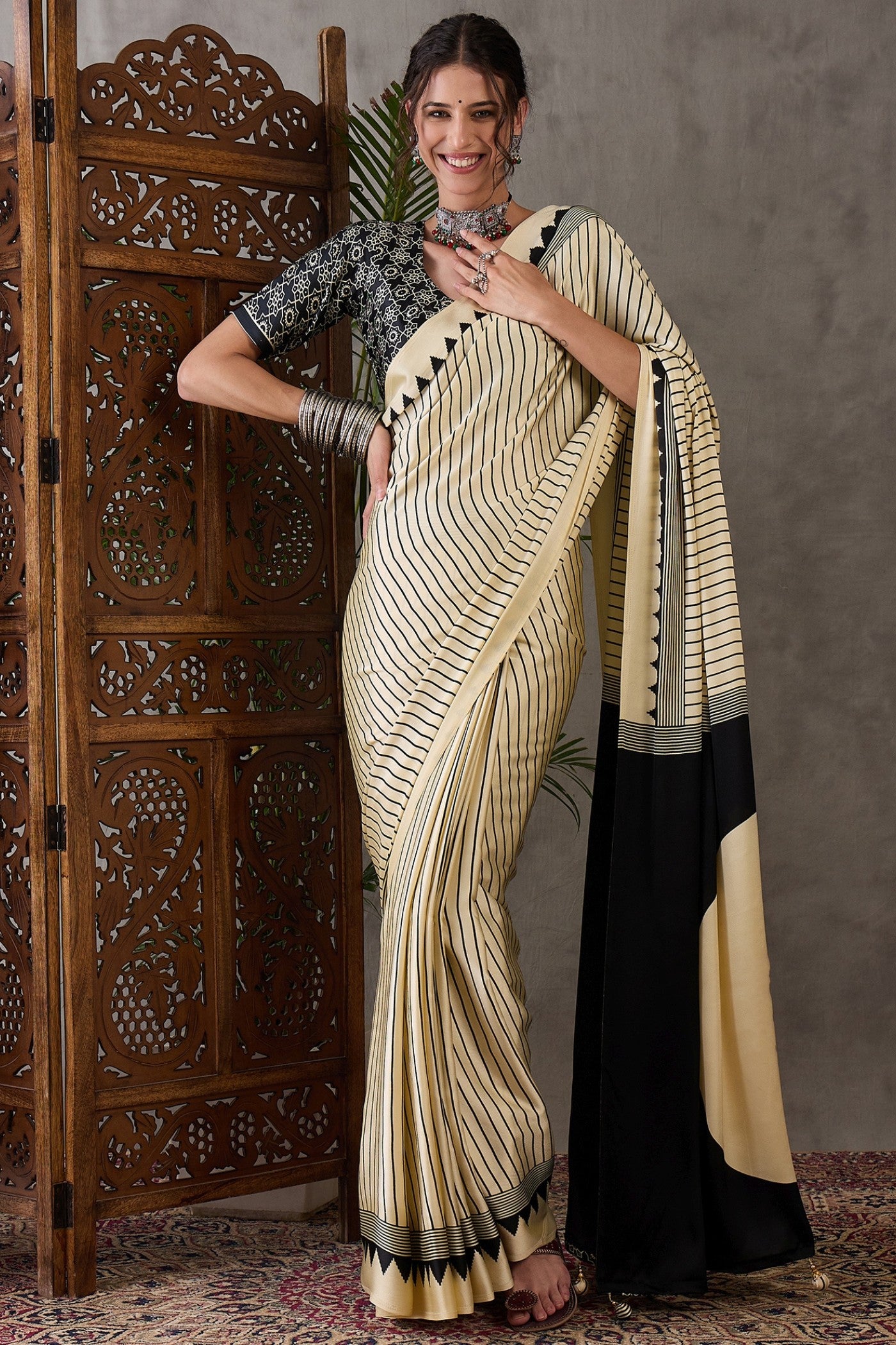 Buy MySilkLove White Lotus Printed Satin Gaji Silk Saree Online