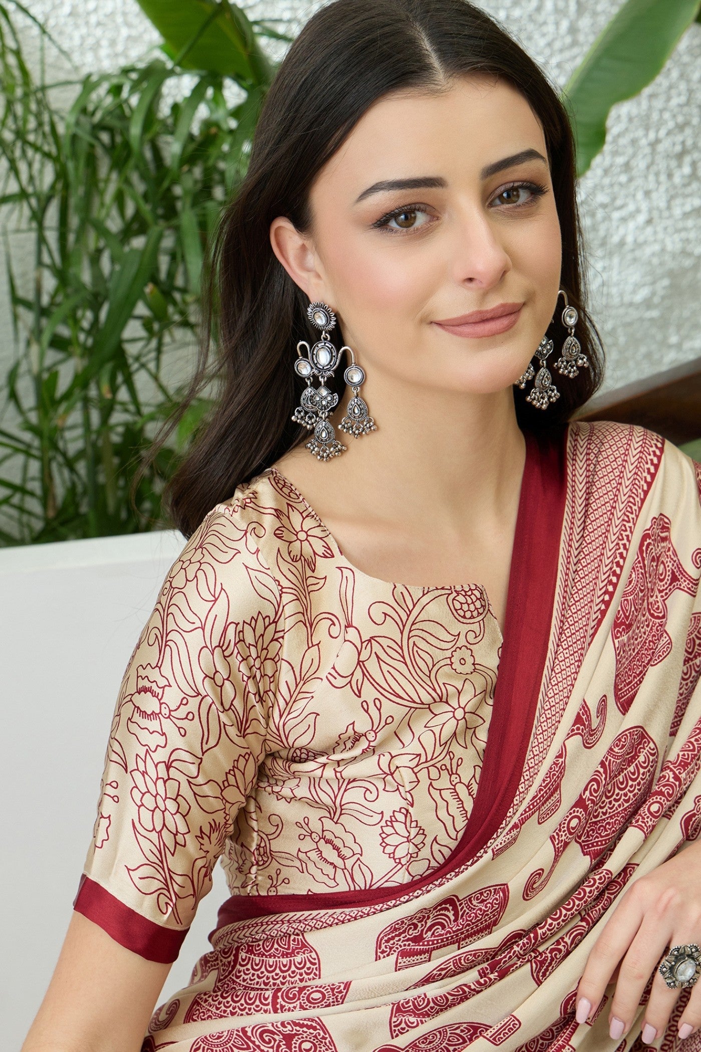 MySilkLove Nacreous Cream and Red Ajrakh Printed Satin Crepe Silk Saree