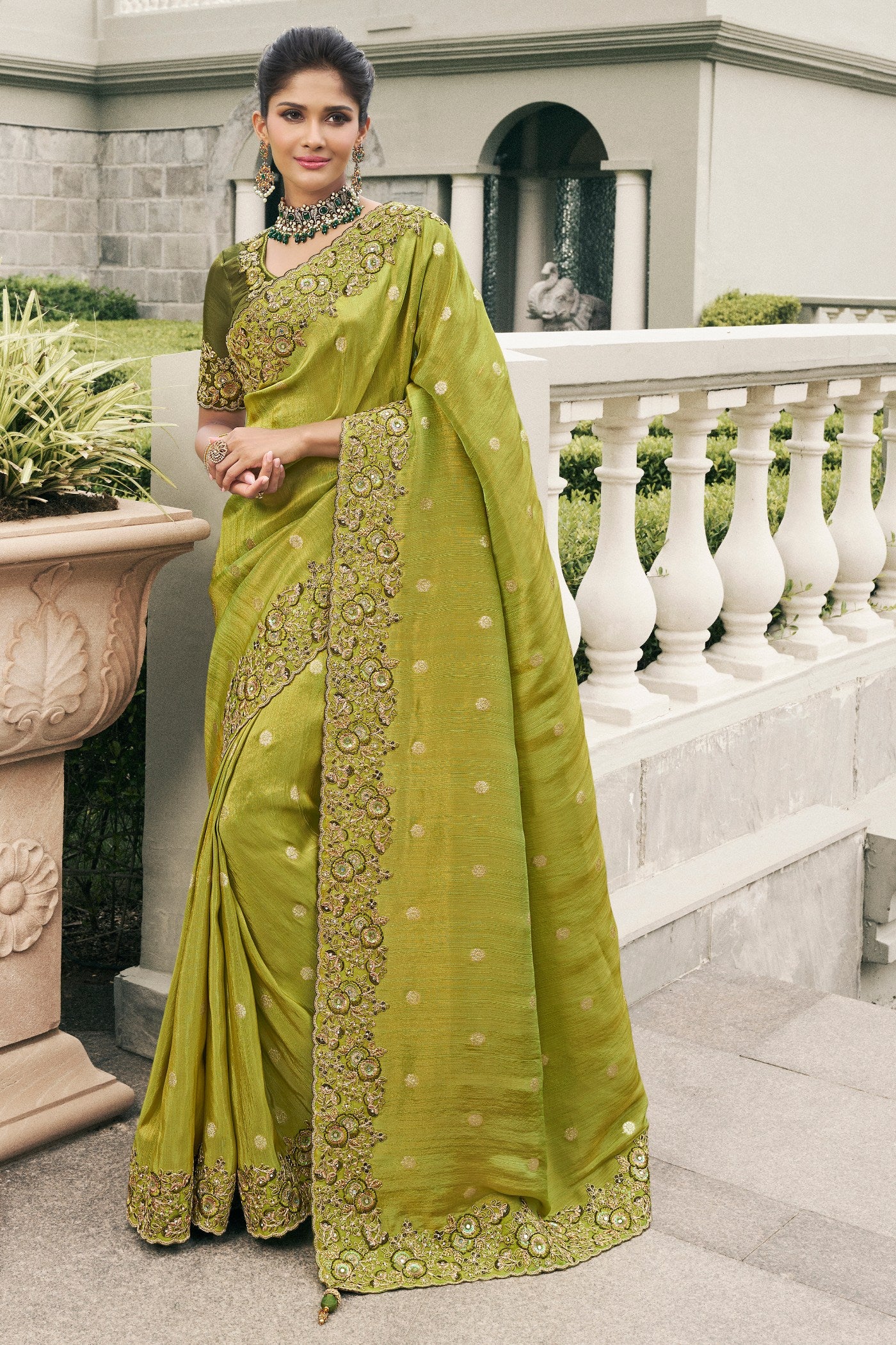 Buy MySilkLove Husk Green Banarasi Designer Embroidered Saree Online