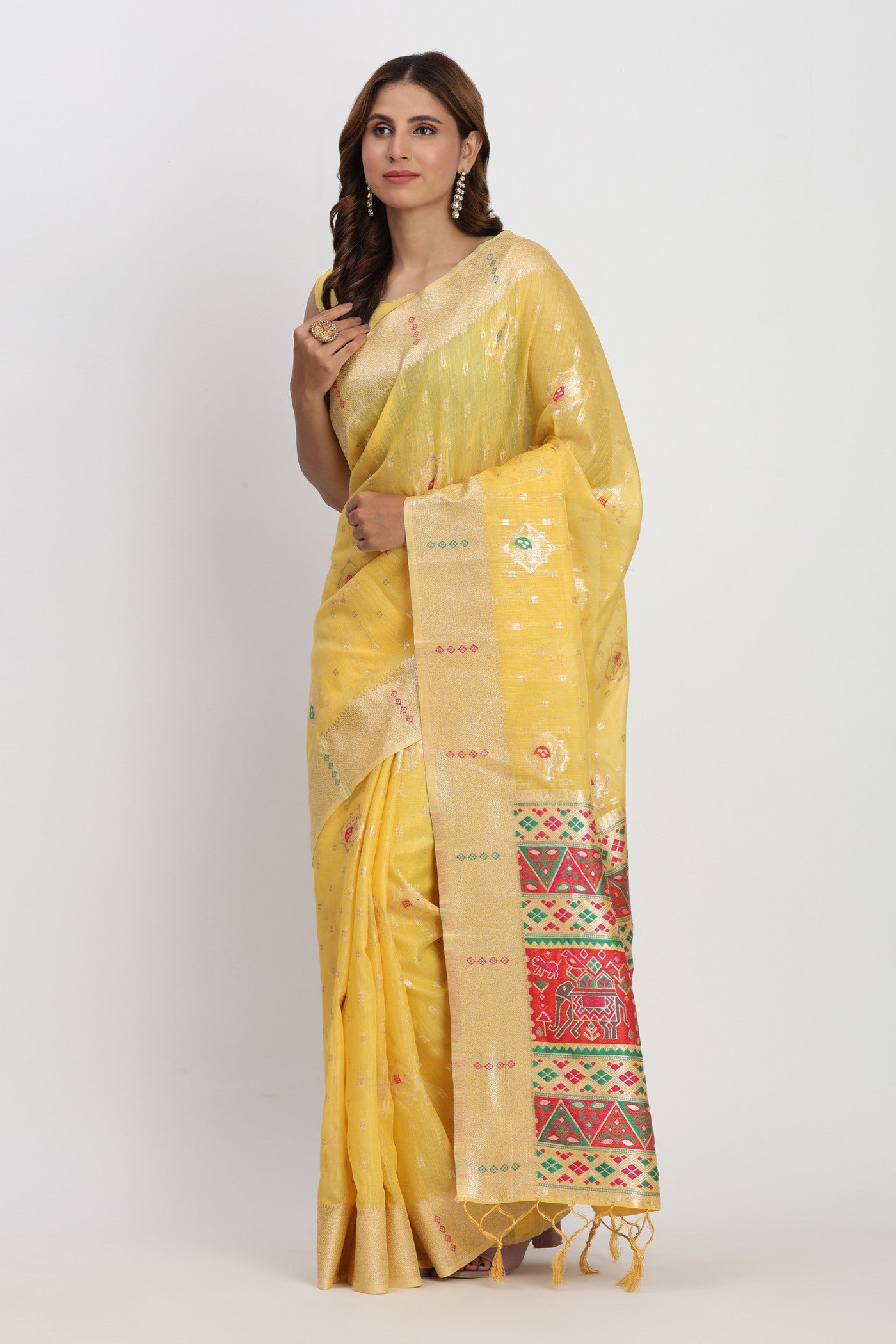Buy MySilkLove Sunflower Yellow Woven Linen Cotton Saree Online