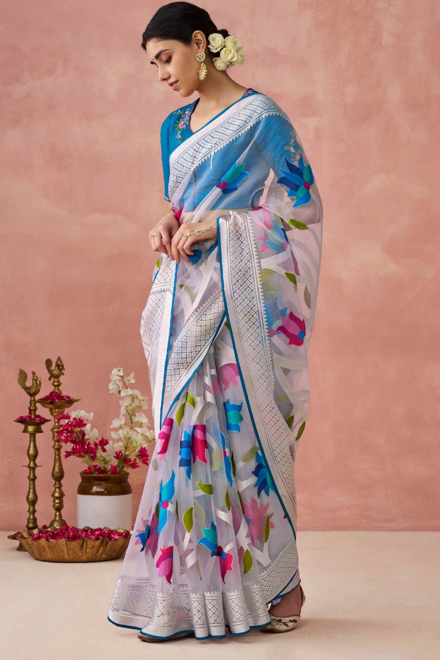 Buy MySilkLove Bismark Blue and White Brasso Organza Printed Saree Online