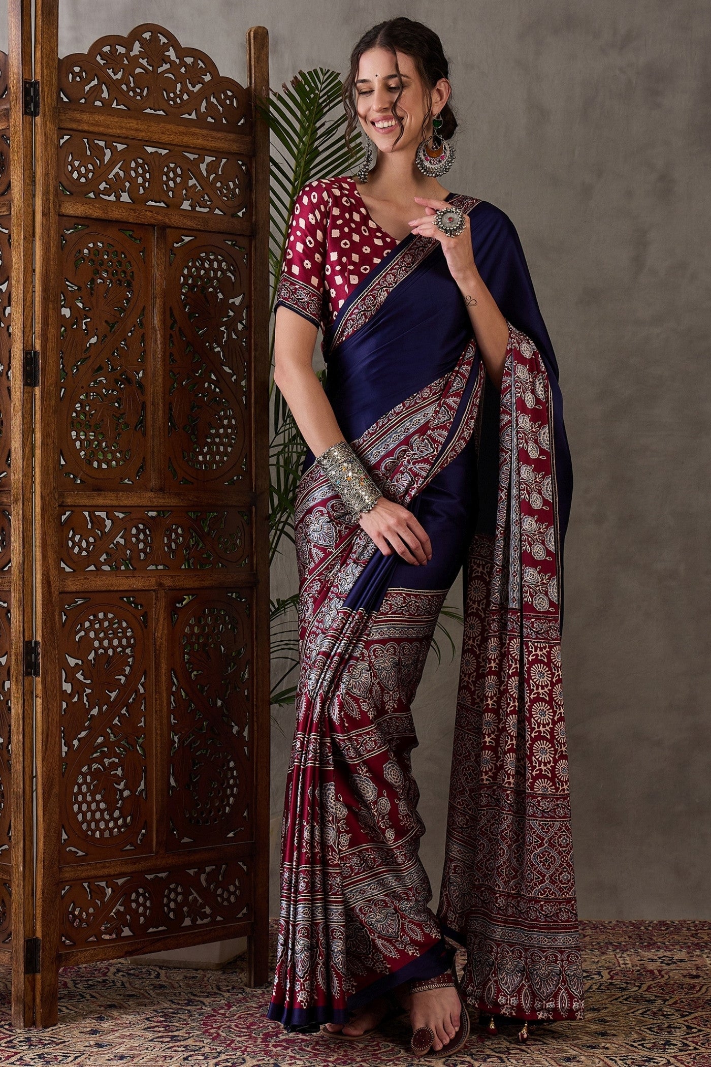 Buy MySilkLove Navy Blue Printed Satin Gaji Silk Saree Online