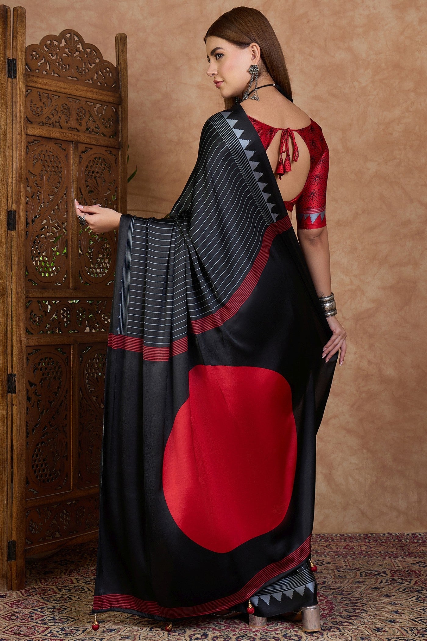 Buy MySilkLove Pitch Black and Red Stripe Ajrakh Printed Satin Crepe Silk Saree Online