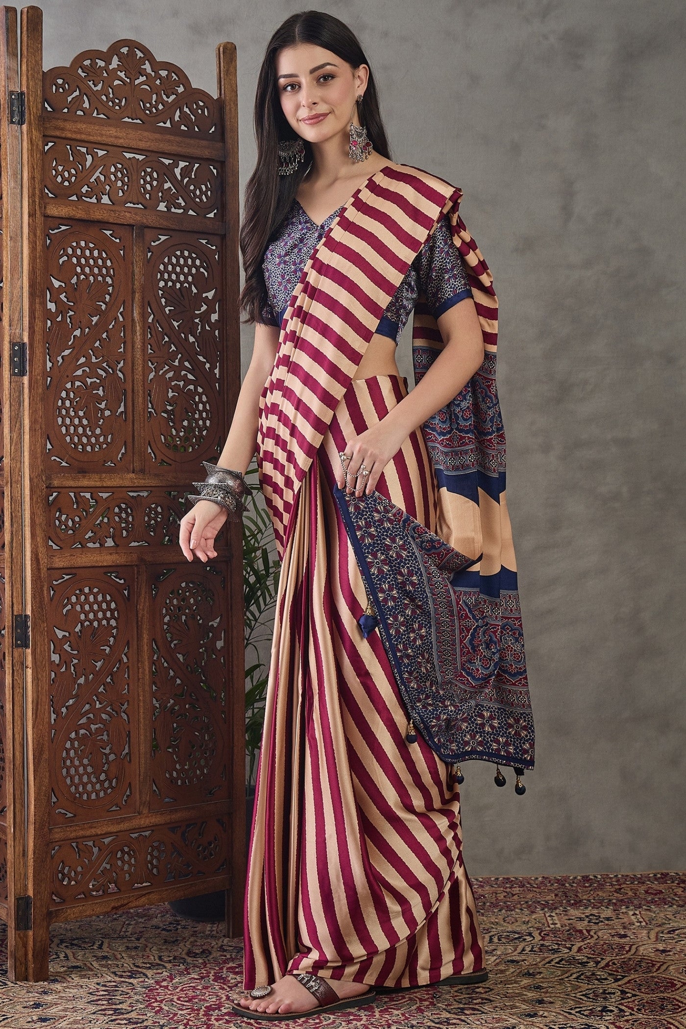 Buy MySilkLove Ruby Red Stripe Ajrakh Printed Satin Gaji Silk Saree Online