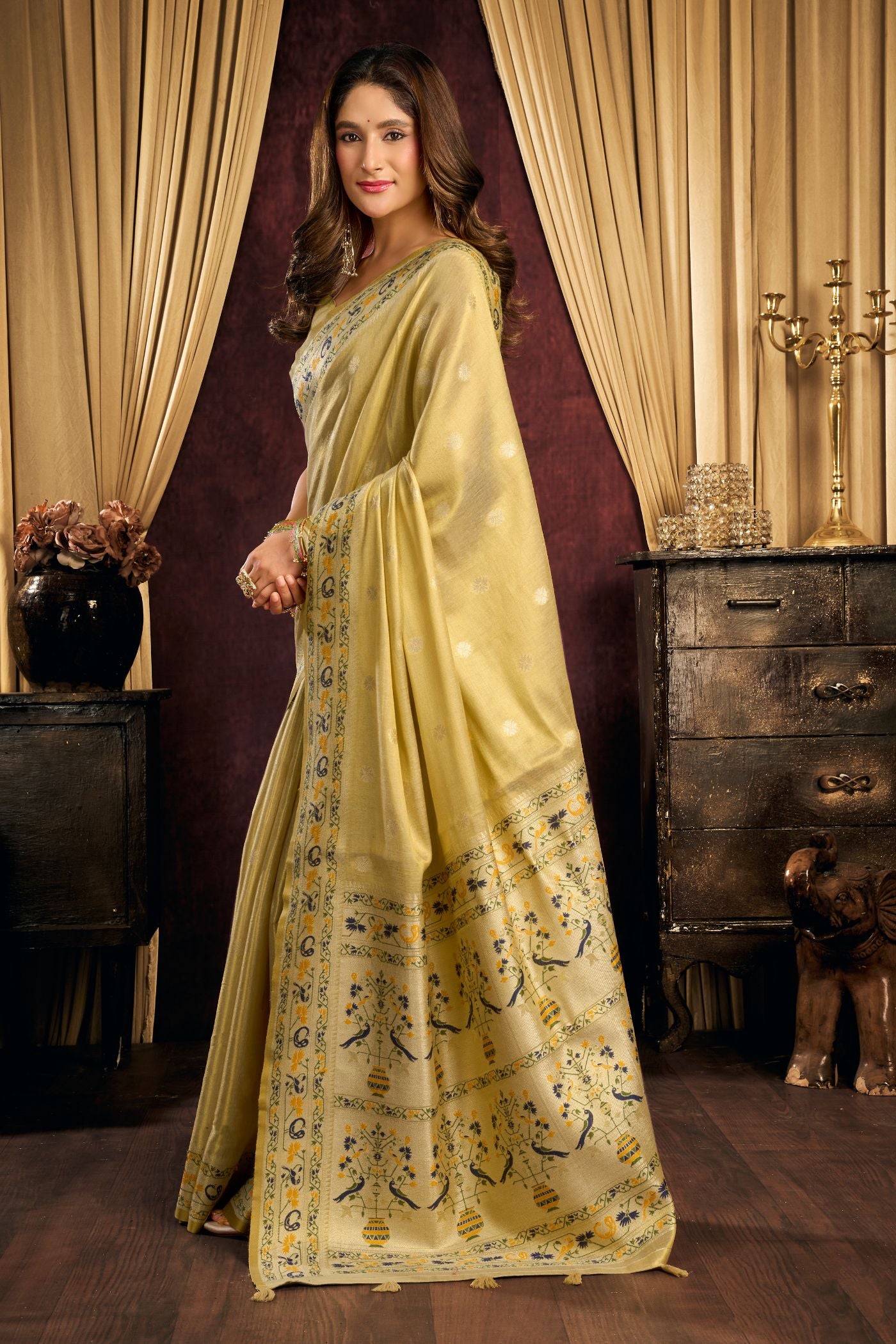 Buy MySilkLove Ochre Yellow Woven Tissue Paithani Saree Online
