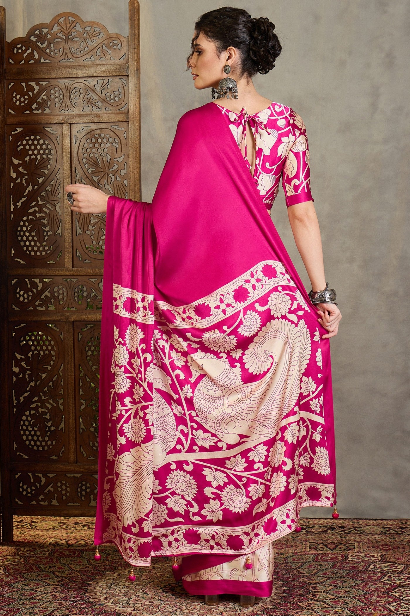 Buy MySilkLove Paradise Pink Kalamkari Printed Satin Silk Saree Online