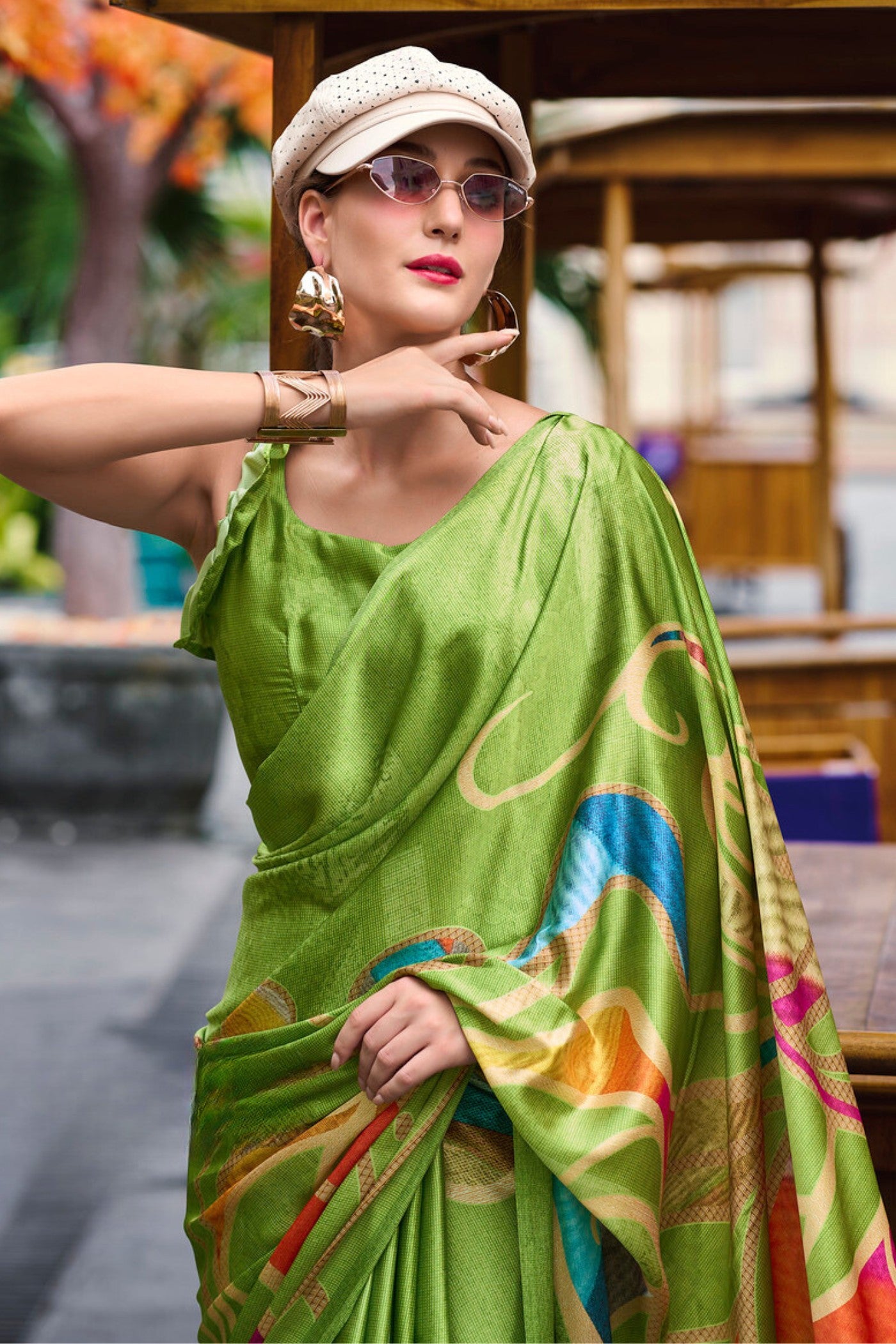 Buy MySilkLove Wasabi Green Printed Satin Crepe Silk Saree Online