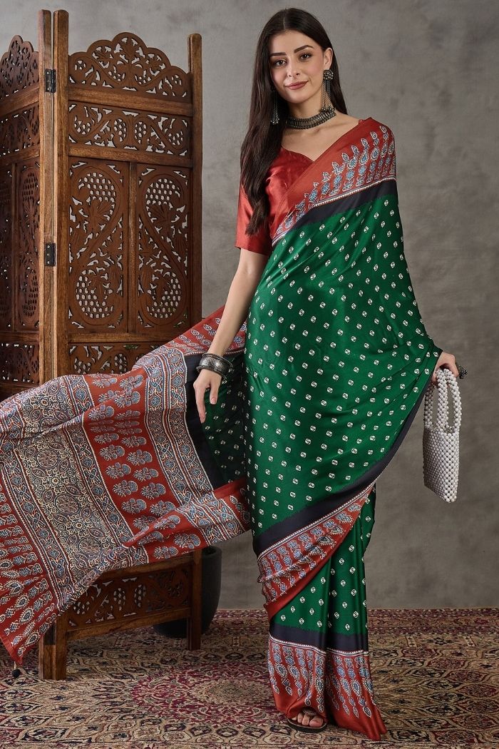 Buy MySilkLove Bottle Green Ajrakh Printed Satin Gaji Silk Saree Online