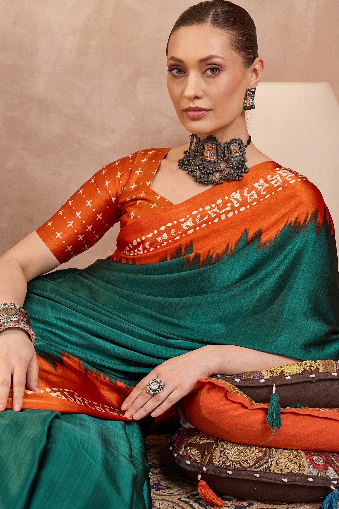 MySilkLove Forest Green Printed Satin Crepe Silk Saree