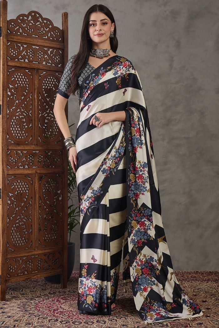 Buy MySilkLove Sisal Black Stripe Printed Floral Satin Gaji Silk Saree Online