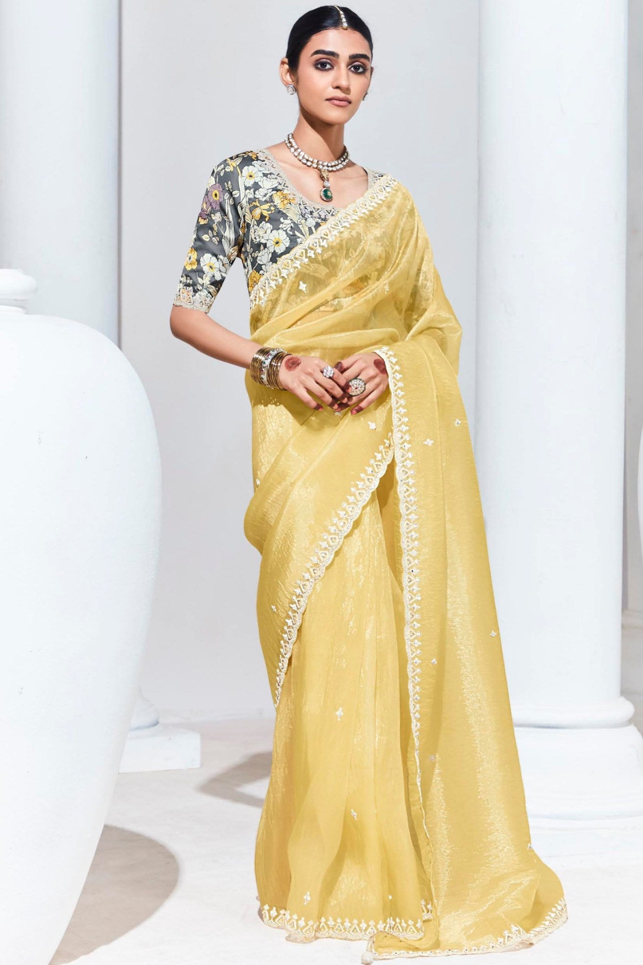 Buy MySilkLove Portafino Yellow Tissue Organza Designer Partywear Saree Online