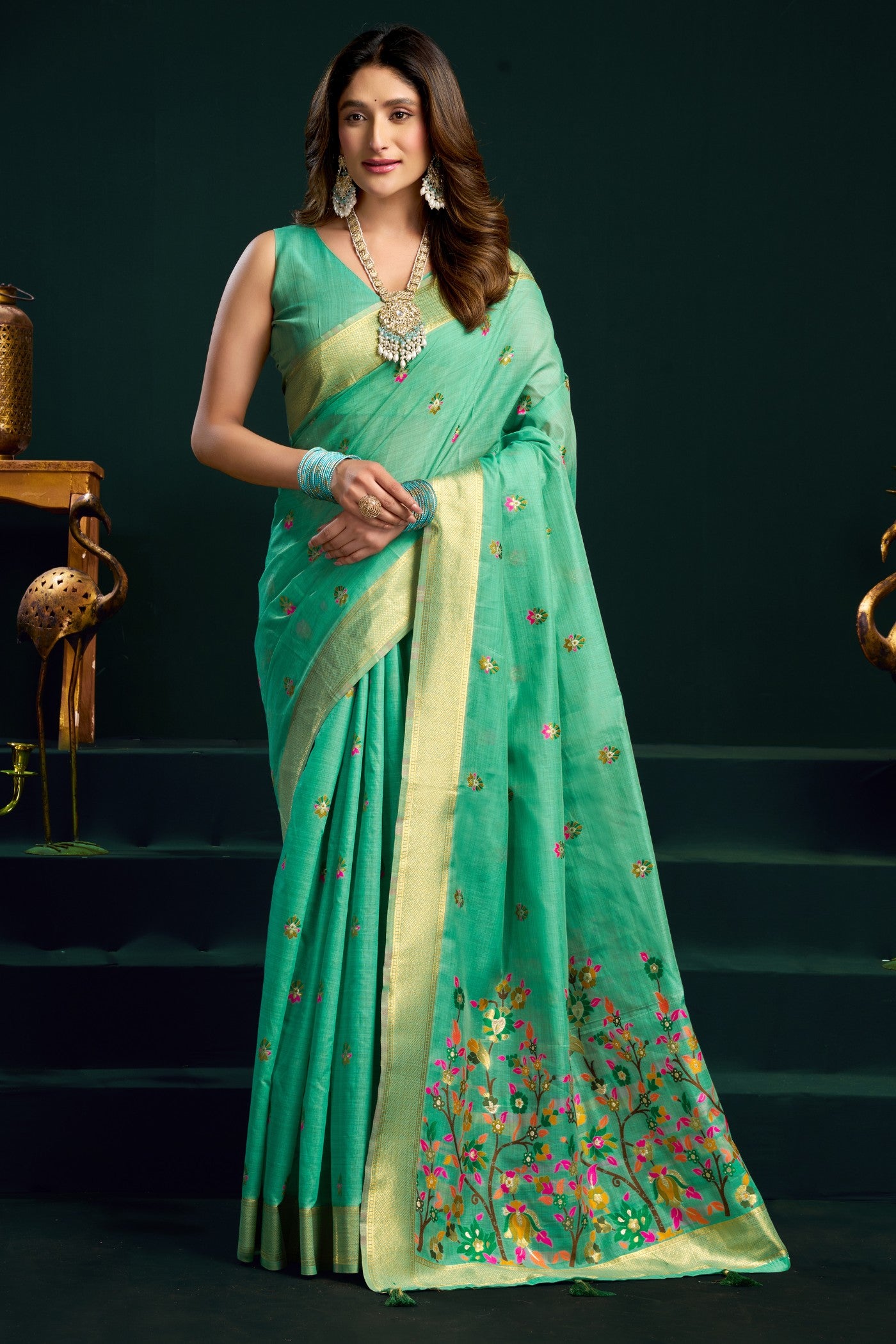 Buy MySilkLove Myrtle Green Handloom Muga Cotton Saree Online