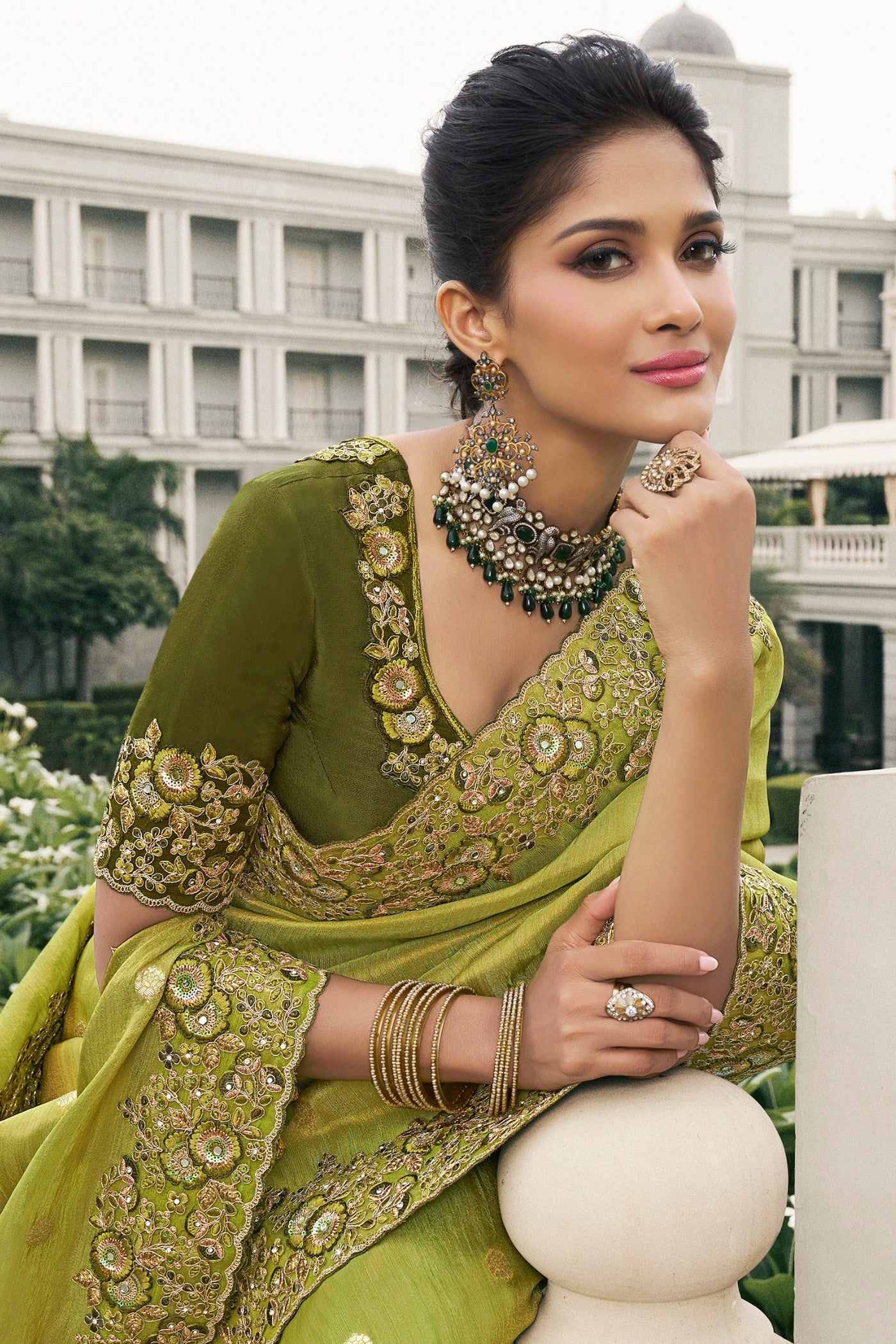 Buy MySilkLove Husk Green Banarasi Designer Embroidered Saree Online