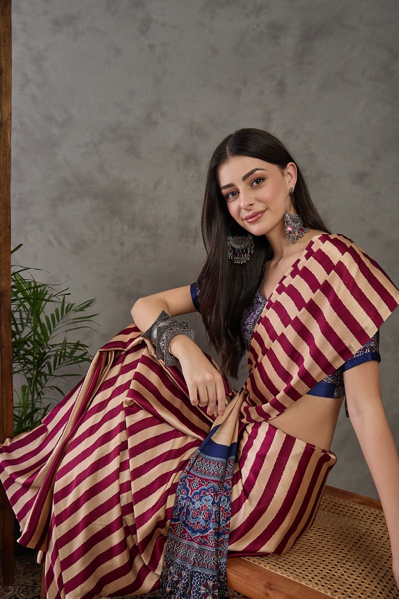 Buy MySilkLove Ruby Red Stripe Ajrakh Printed Satin Gaji Silk Saree Online