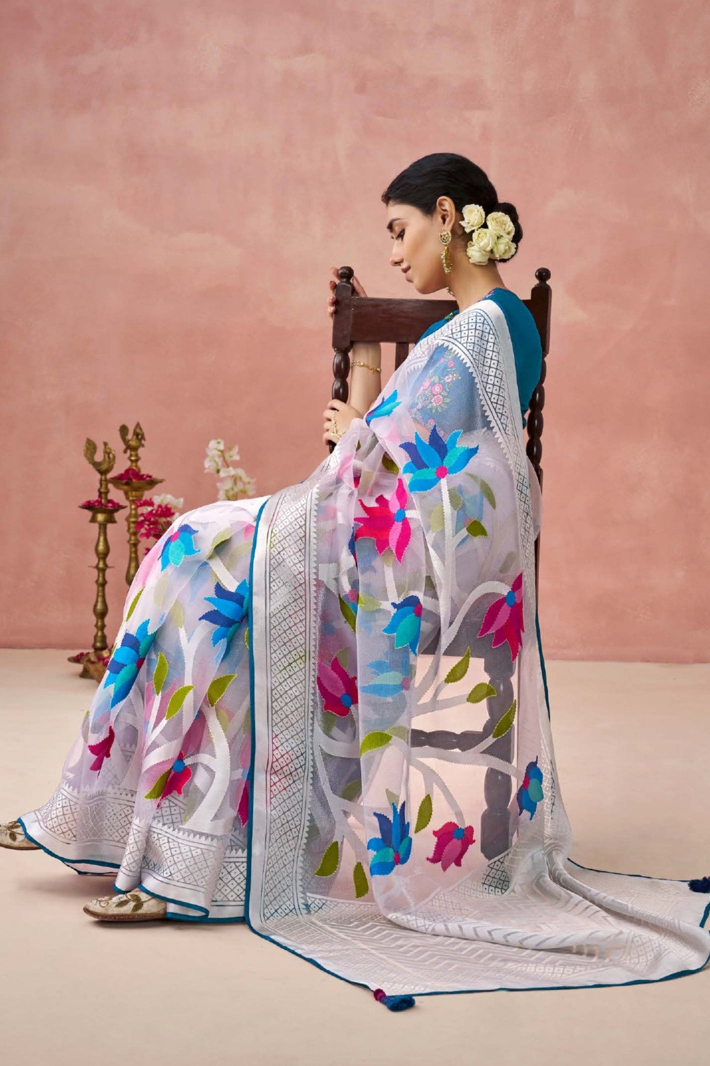 Buy MySilkLove Bismark Blue and White Brasso Organza Printed Saree Online