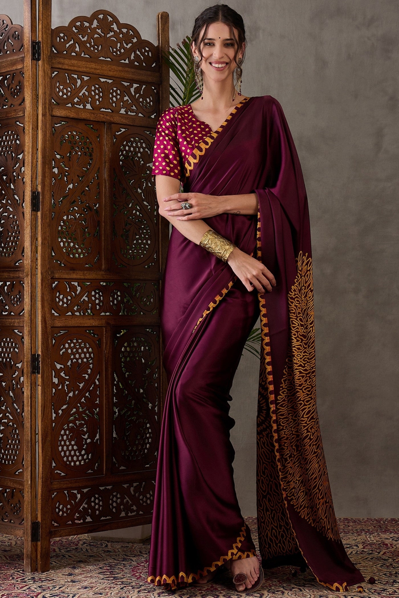 Buy MySilkLove Burgundy Maroon Printed Satin Gaji Silk Saree Online
