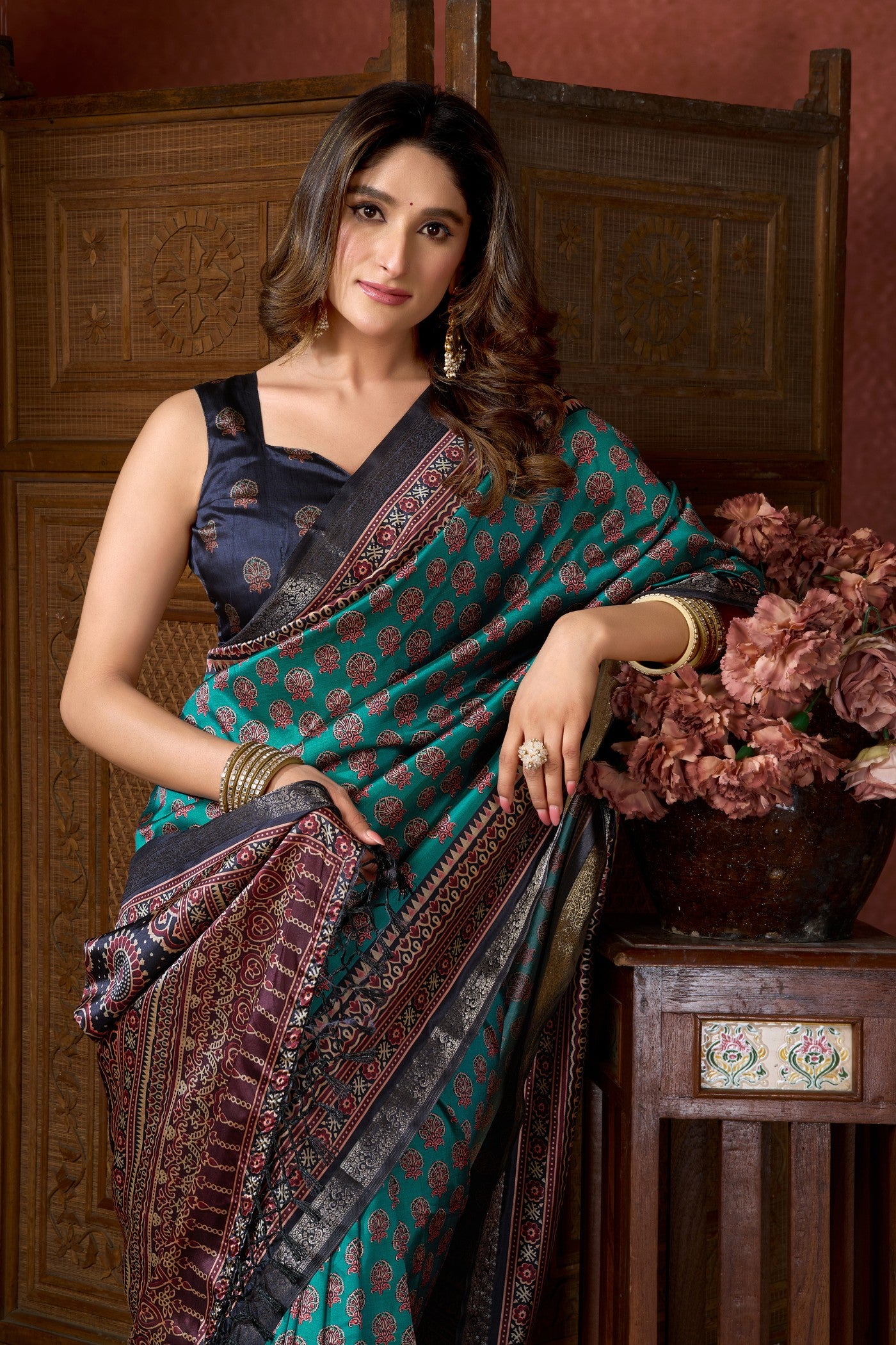 MySilkLove France Blue Ajrakh Printed Saree