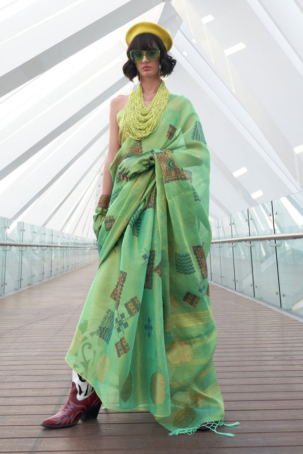 Yuma Green Printed Handloom Zari Tissue Saree