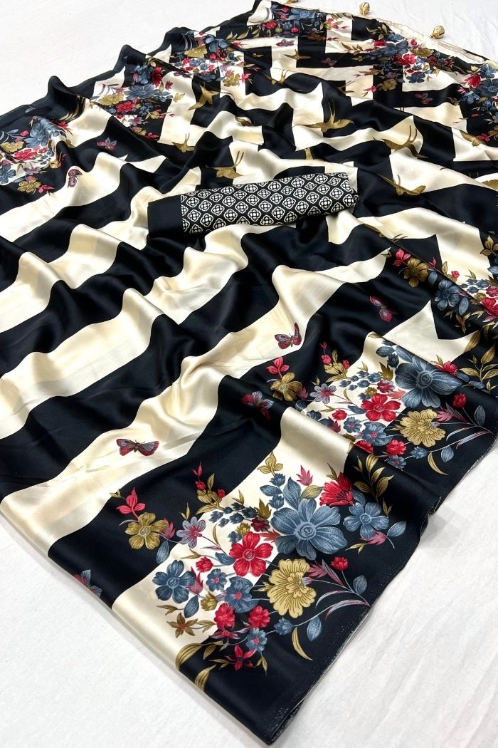 Buy MySilkLove Sisal Black Stripe Printed Floral Satin Gaji Silk Saree Online