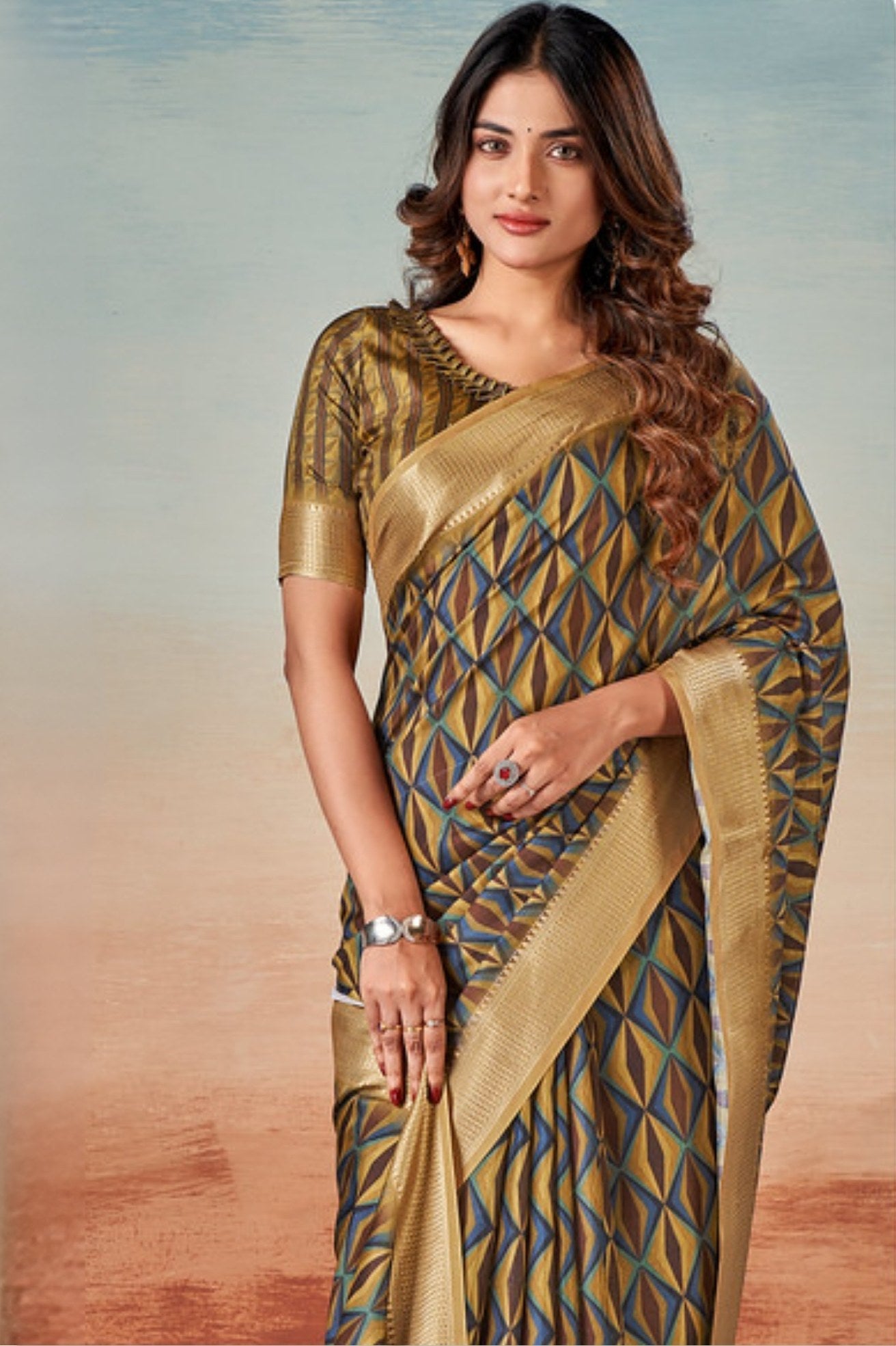 Buy MySilkLove Sorell Brown Banarasi Digital Printed Saree Online