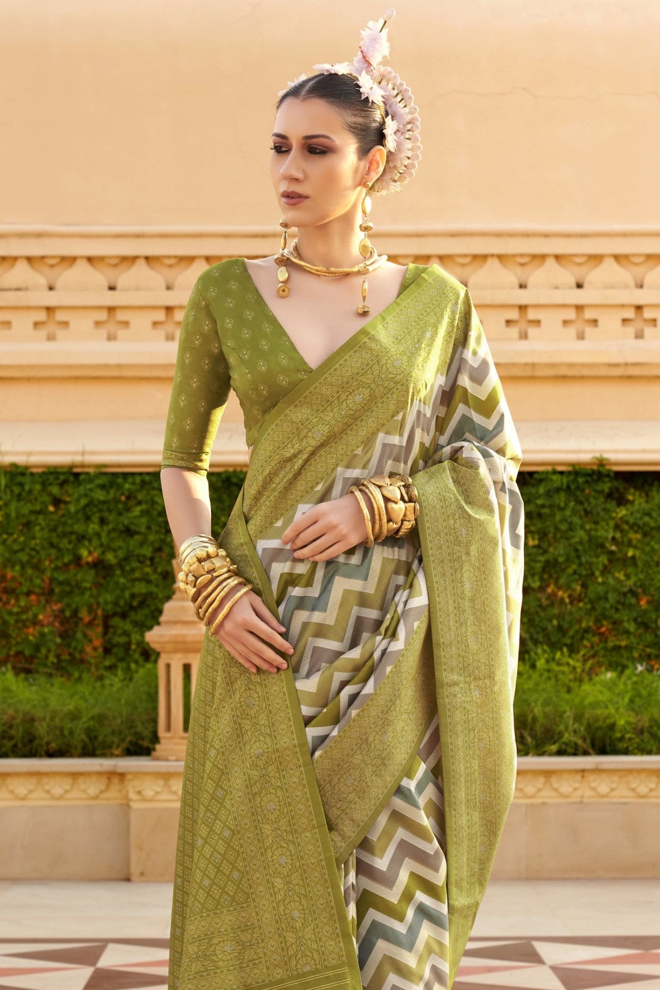 Buy MySilkLove Olive Green Woven Patola Printed Silk Saree Online