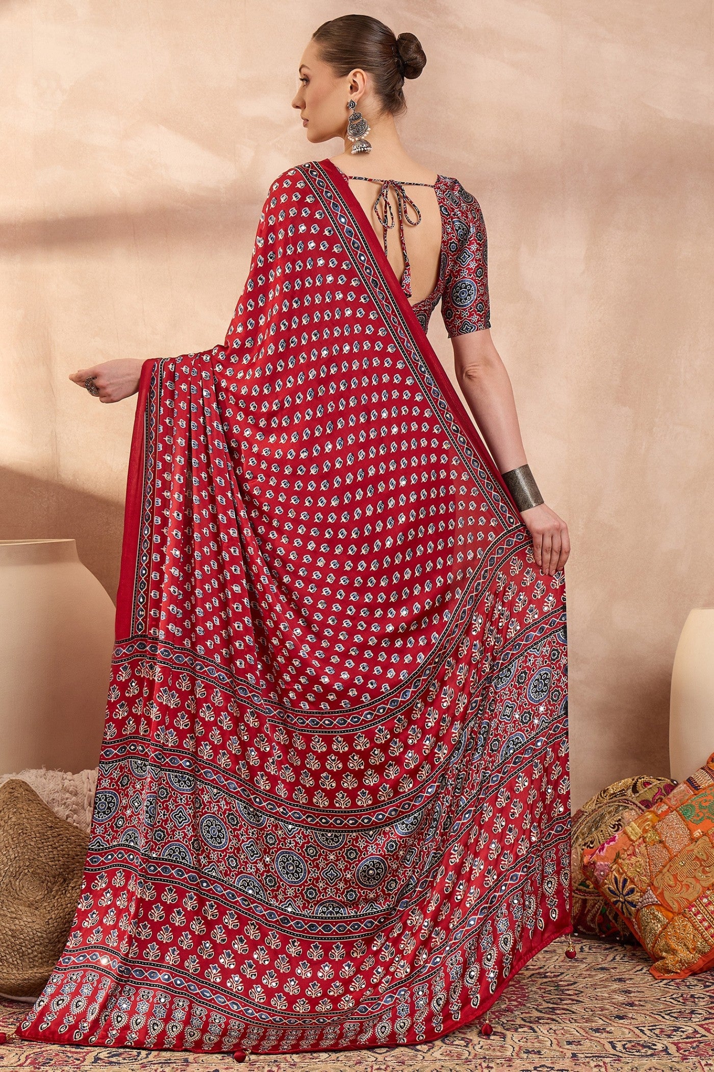 Buy MySilkLove Rosewood Red Modal Ajrakh Satin Printed Silk Saree Online
