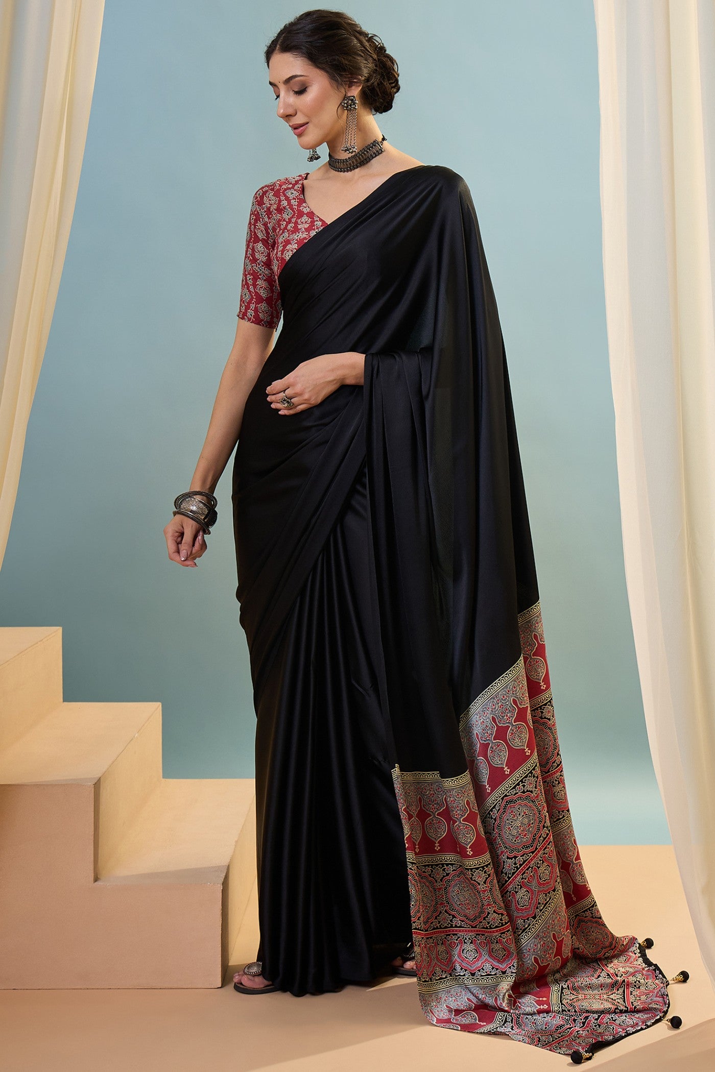 Buy MySilkLove Starfall Black Ajrakh Printed Satin Crepe Silk Saree Online