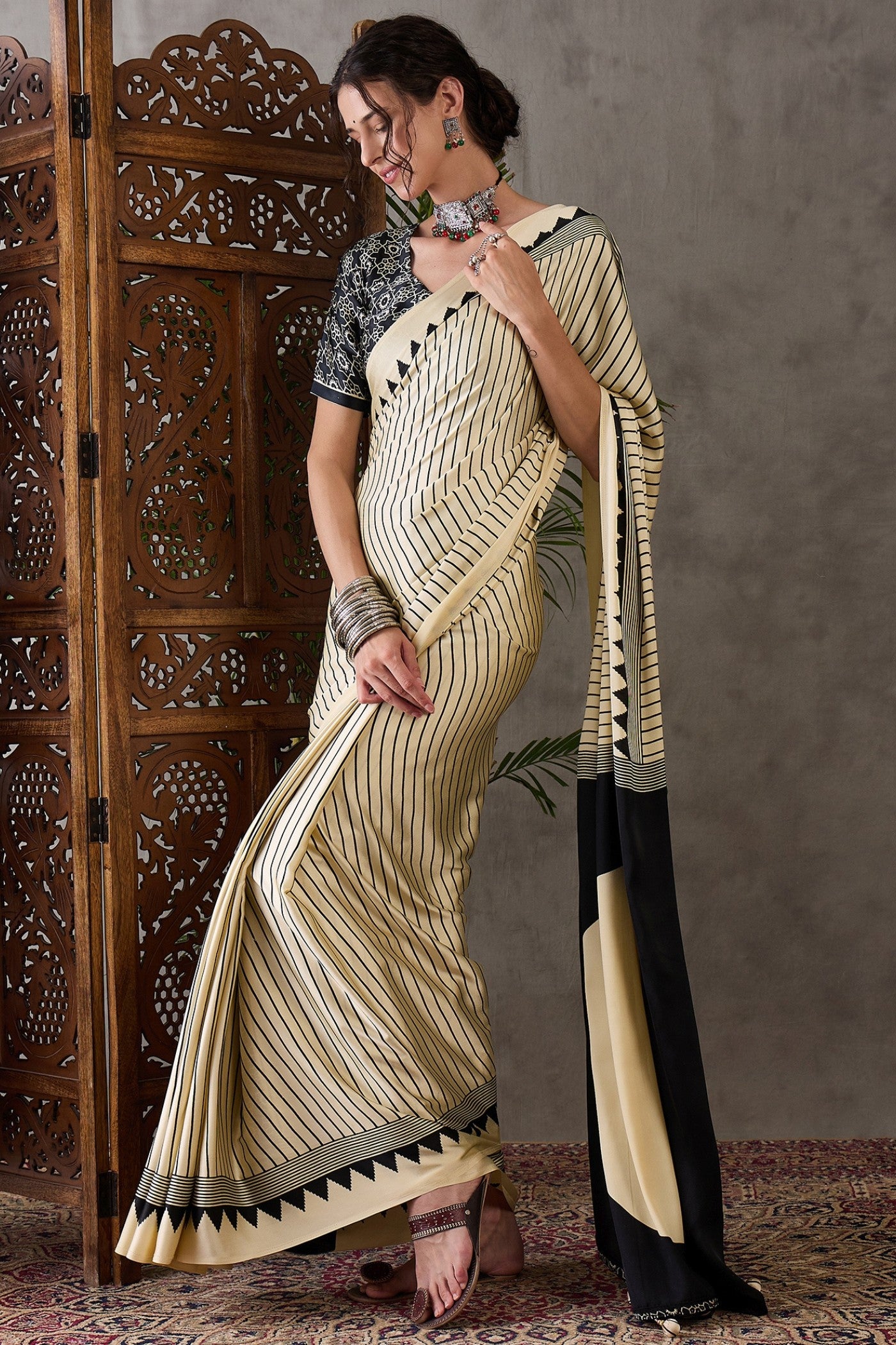 MySilkLove White Lotus Printed Satin Gaji Silk Saree
