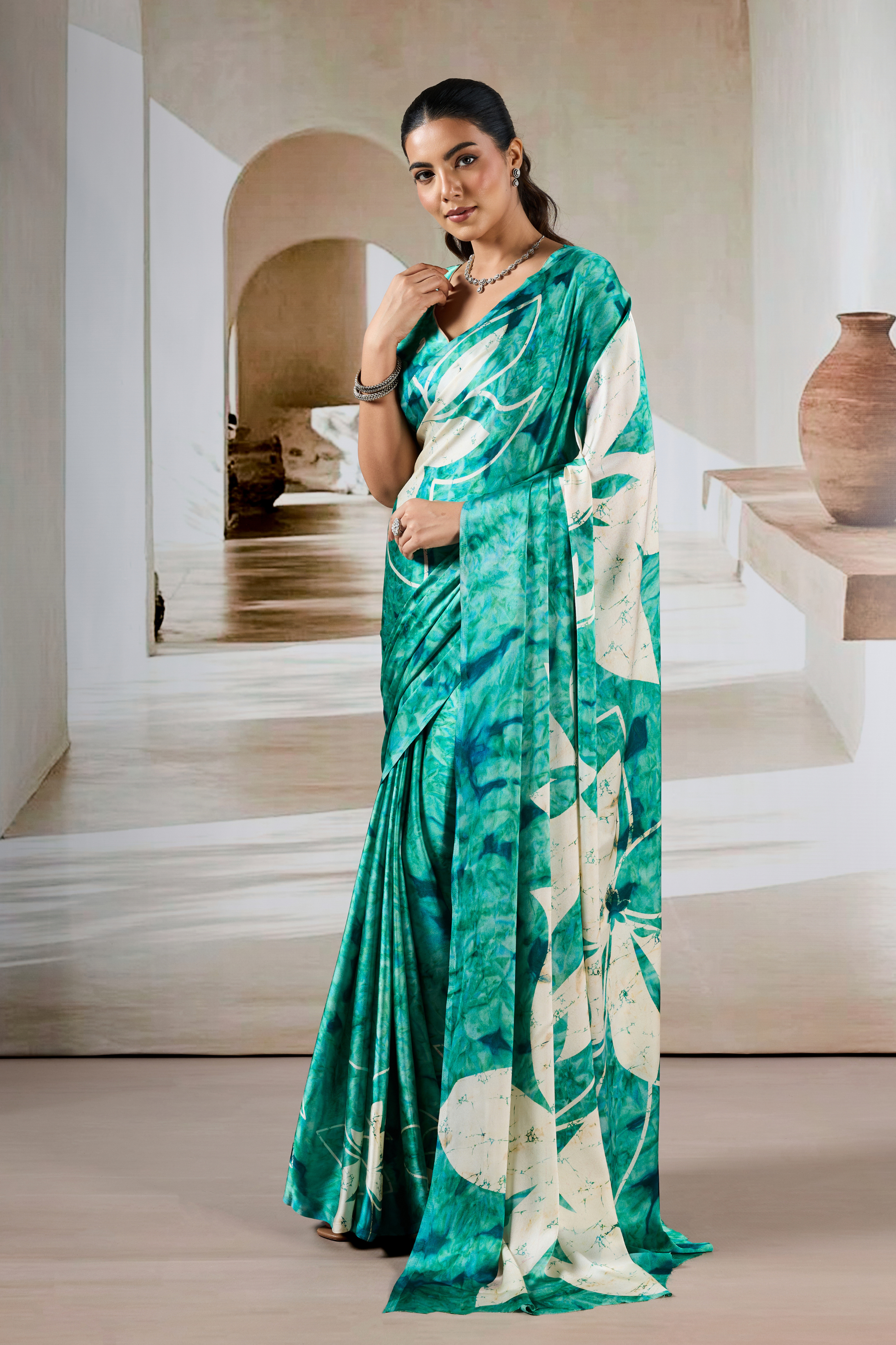 MySilkLove Sea Green Modal Satin Hand Prism Print Saree