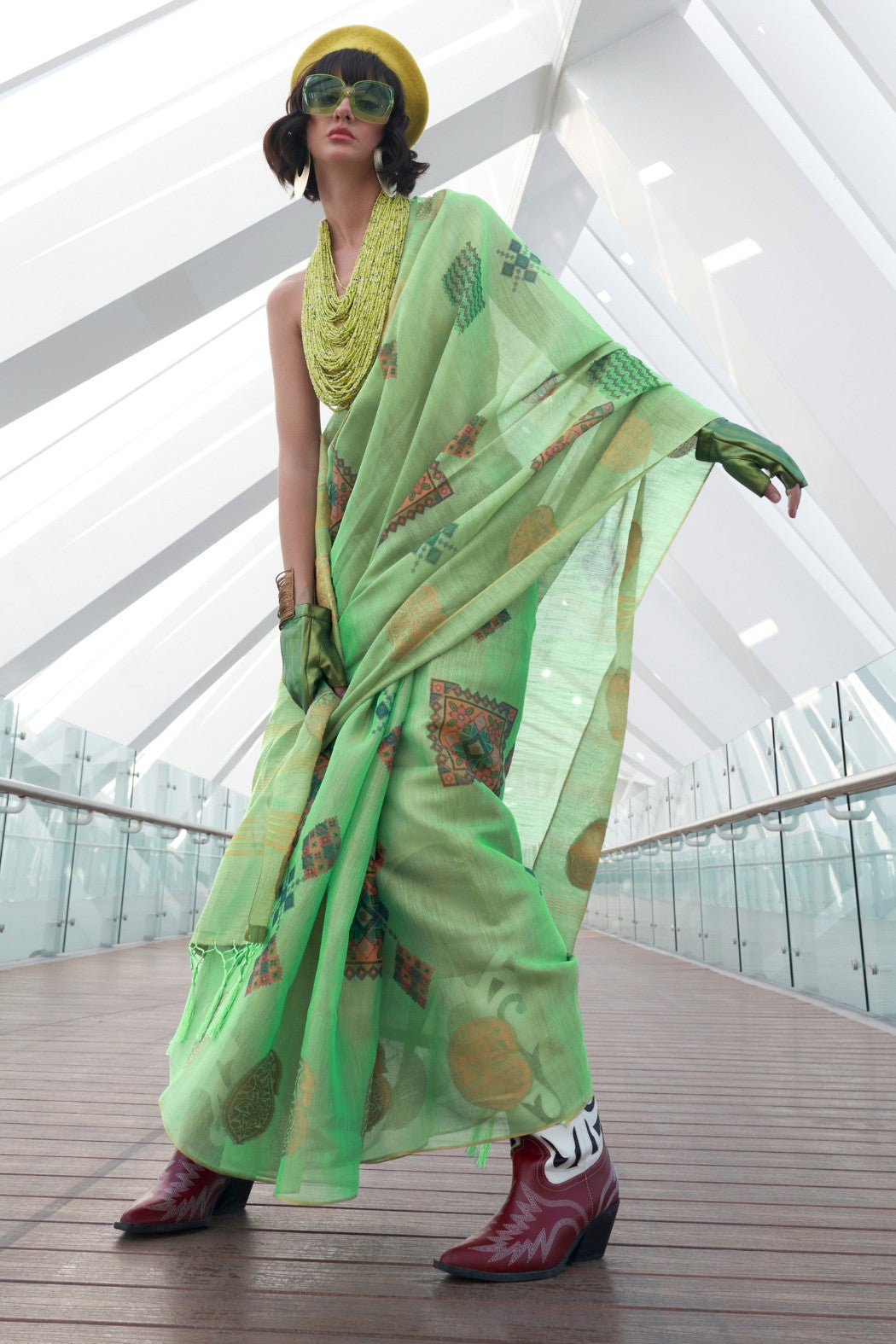 MySilkLove Yuma Green Printed Handloom Zari Tissue Saree