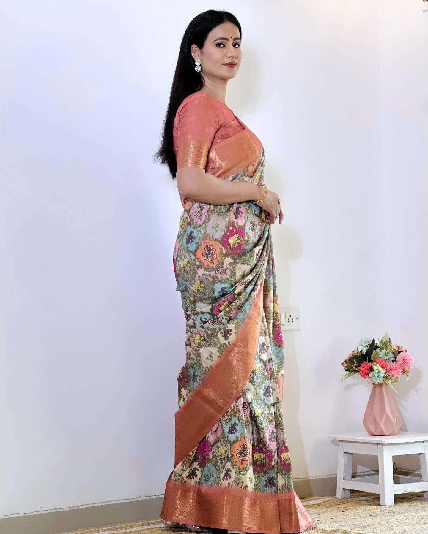 Buy MySilkLove Copper Penny Pink and Brown Digital Printed Tussar Silk Saree Online