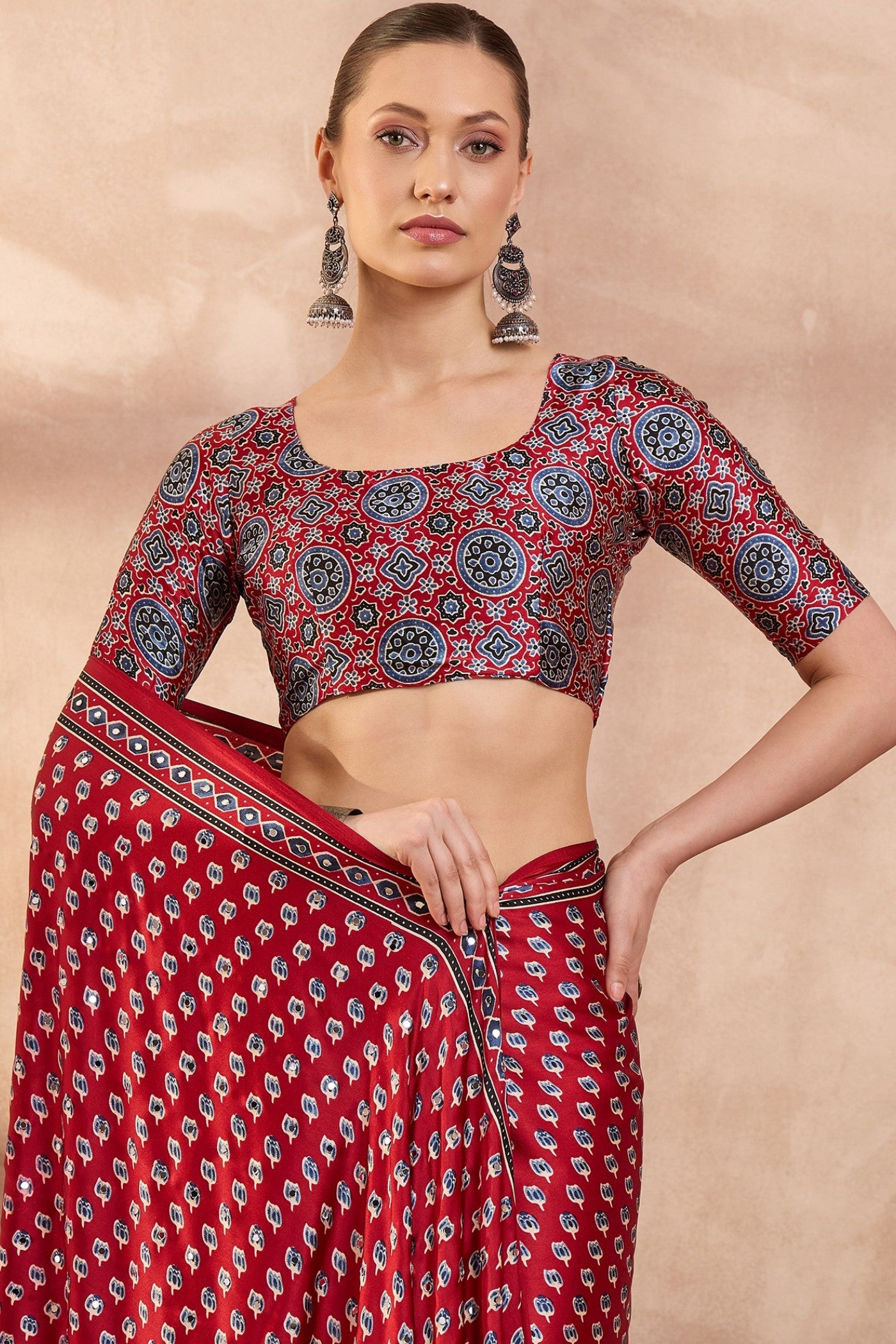 Buy MySilkLove Rosewood Red Modal Ajrakh Satin Printed Silk Saree Online