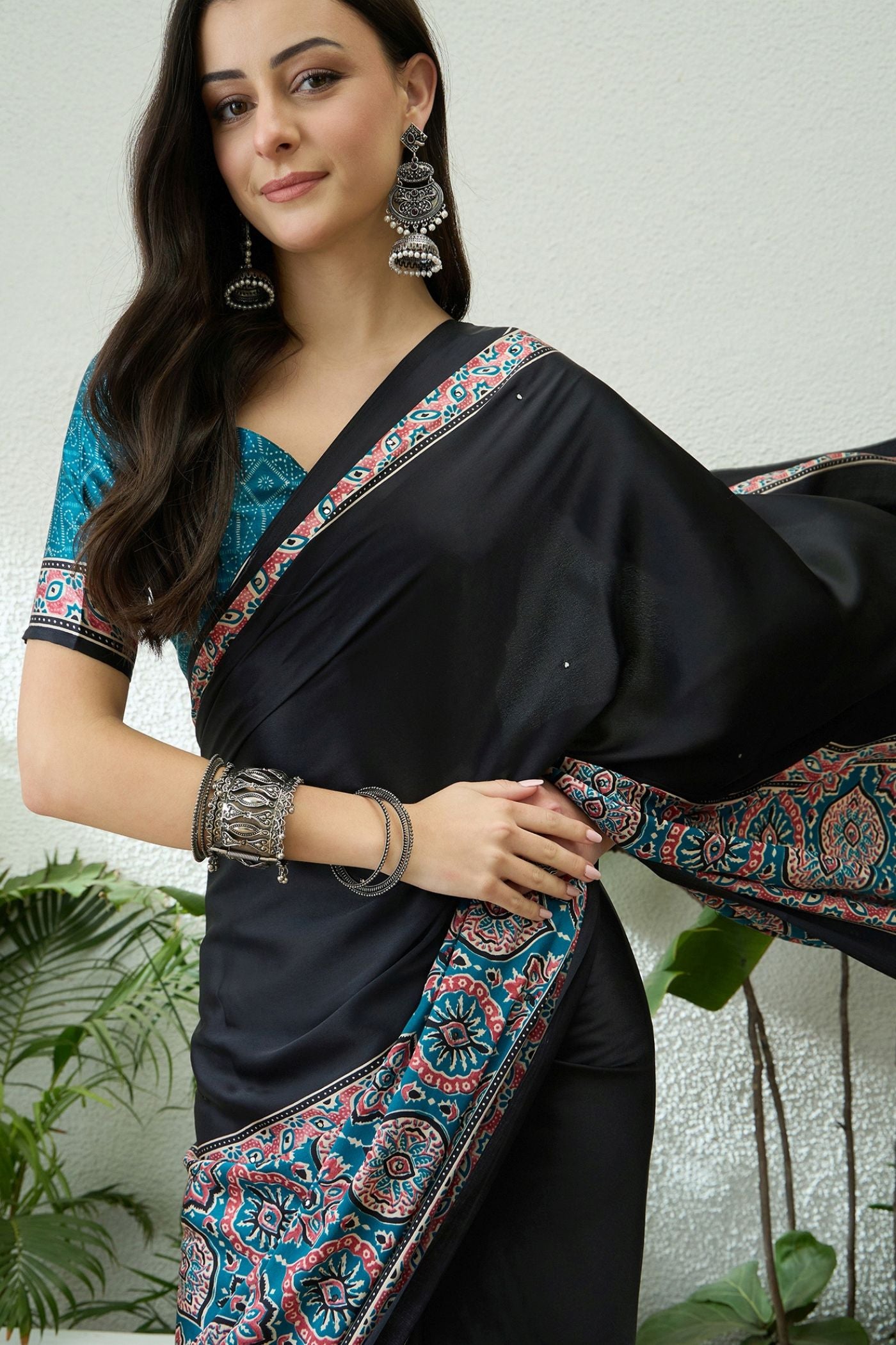 Buy MySilkLove Eclipse Black and Blue Modal Ajrakh Satin Printed Silk Saree Online