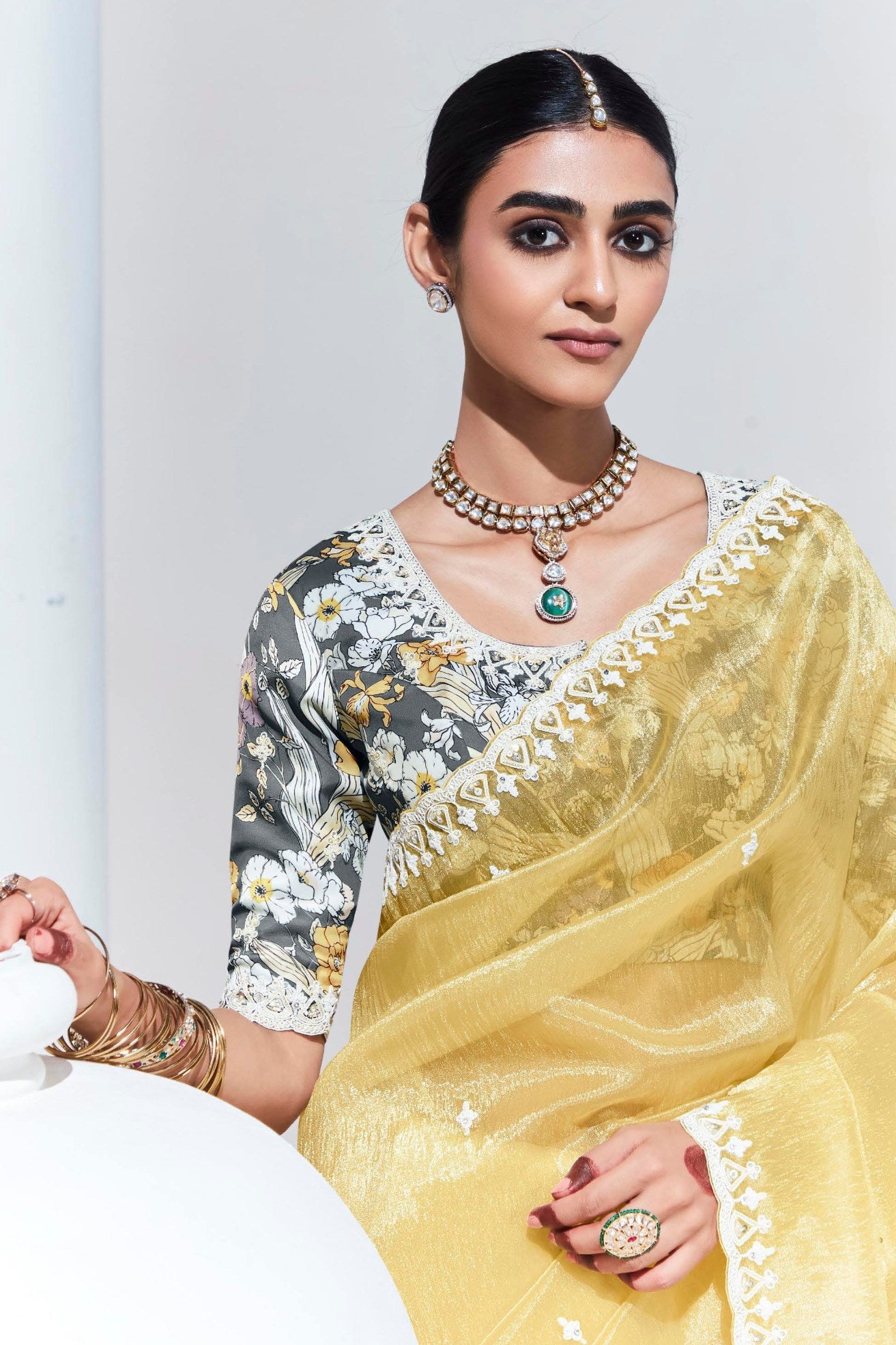 Buy MySilkLove Portafino Yellow Tissue Organza Designer Partywear Saree Online