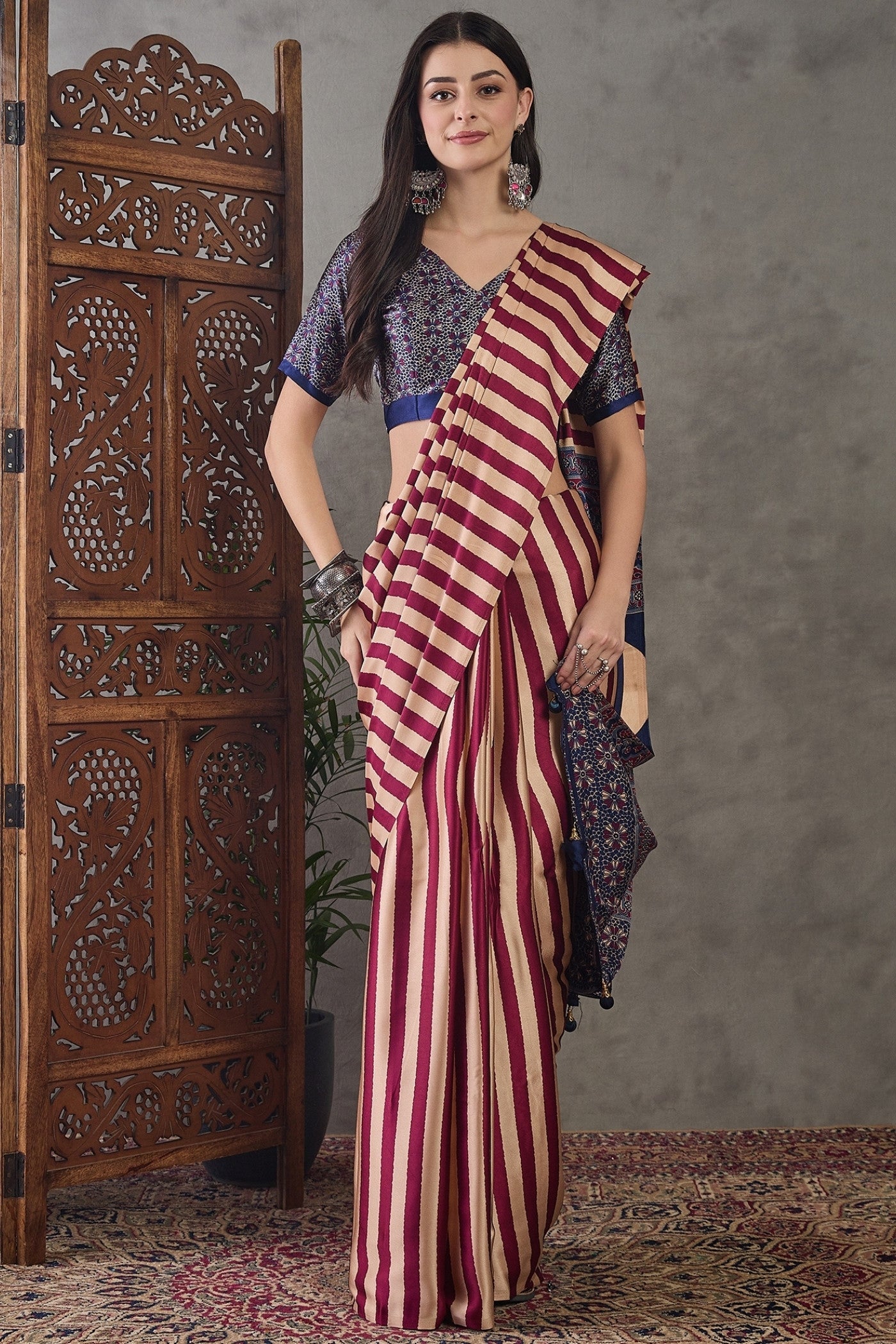 Buy MySilkLove Ruby Red Stripe Ajrakh Printed Satin Gaji Silk Saree Online