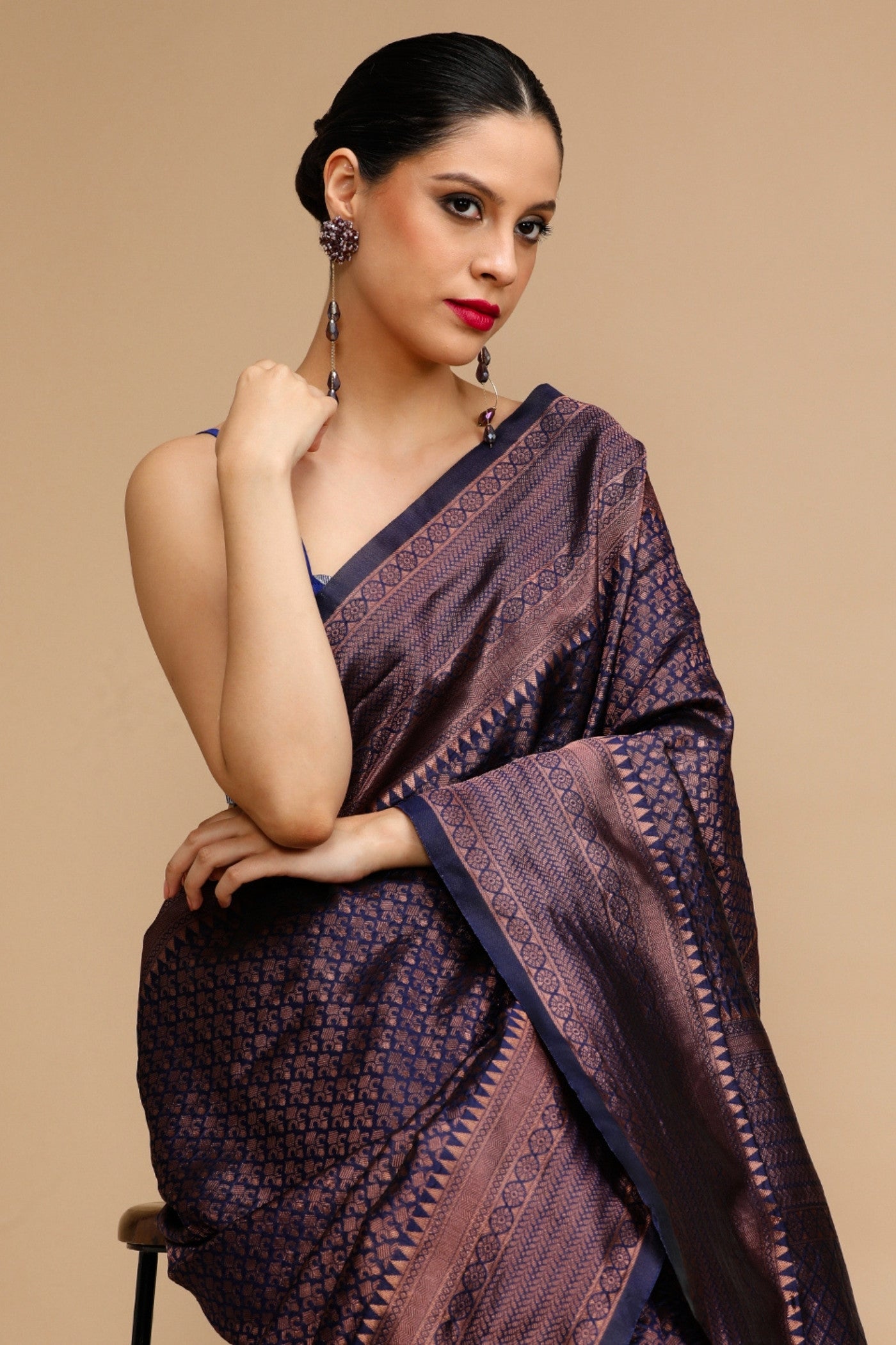 MySilkLove Auburn Brown Woven Jacquard Lichi Silk Saree