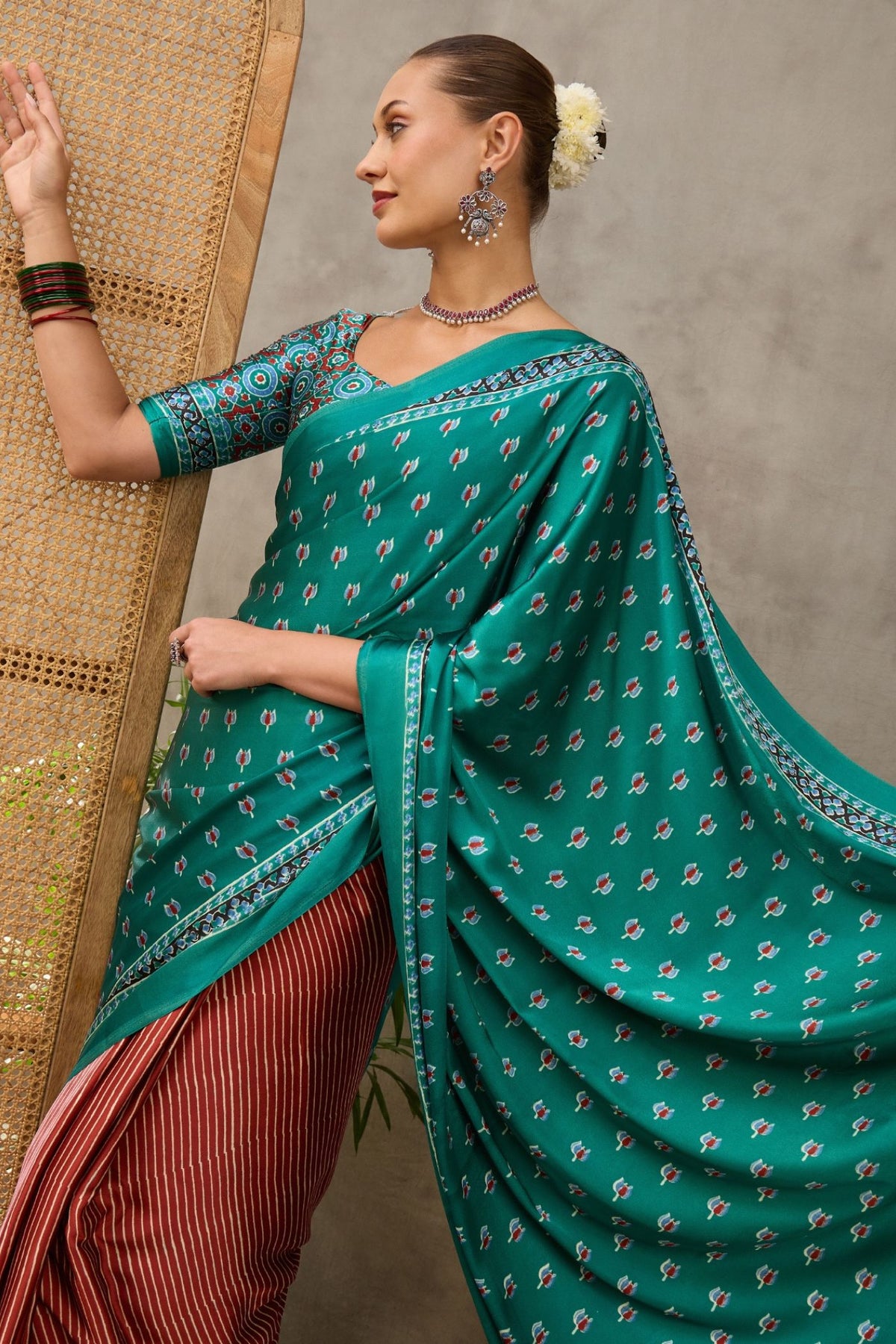 Buy MySilkLove Mint Green and Brown Modal Satin Printed Silk Saree Online