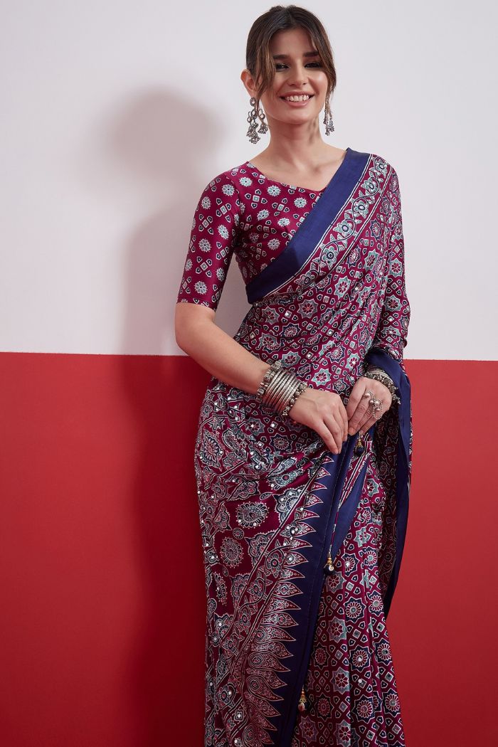 Buy MySilkLove Coral Purple Modal Ajrakh Satin Printed Mirror Work Saree Online