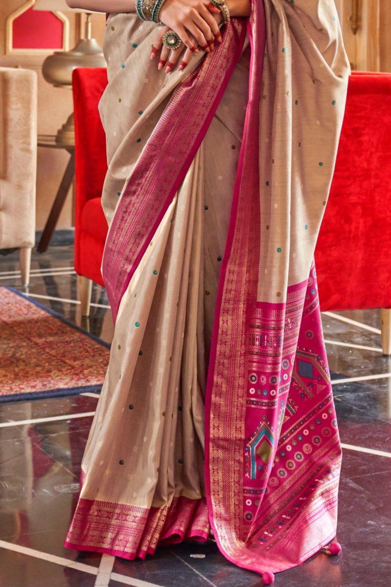 Buy MySilkLove Butter Cream Printed Patola Saree Online