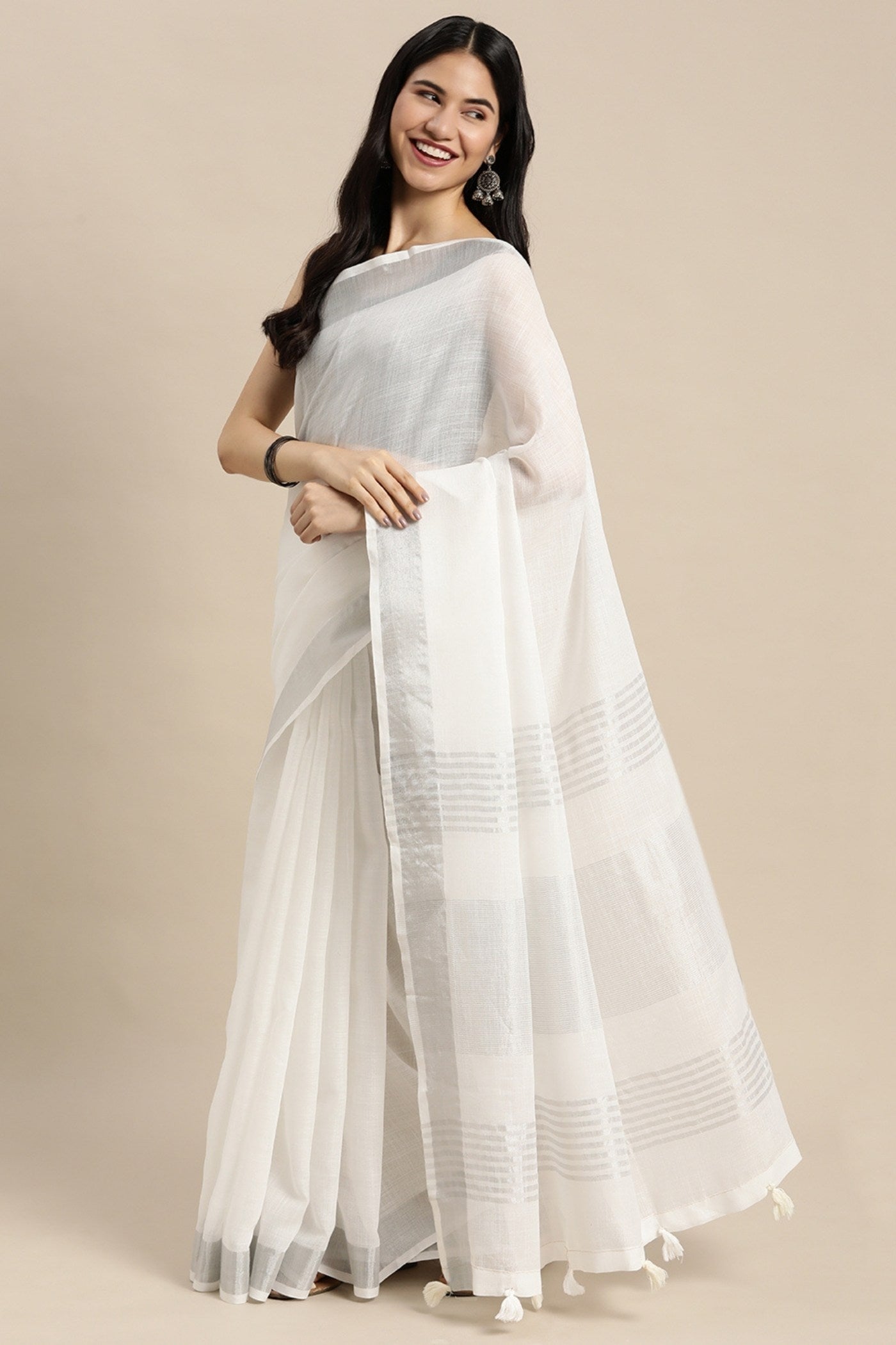 MySilkLove Lily White Woven Linen Cotton Saree