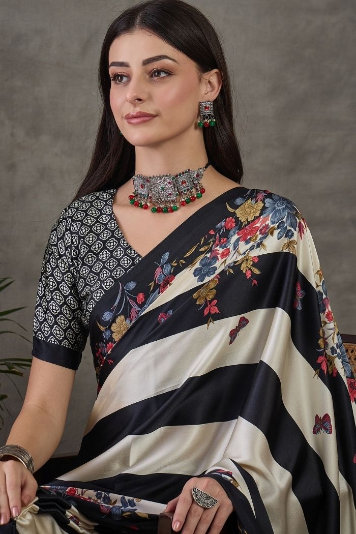 MySilkLove Sisal Black Stripe Printed Floral Satin Gaji Silk Saree