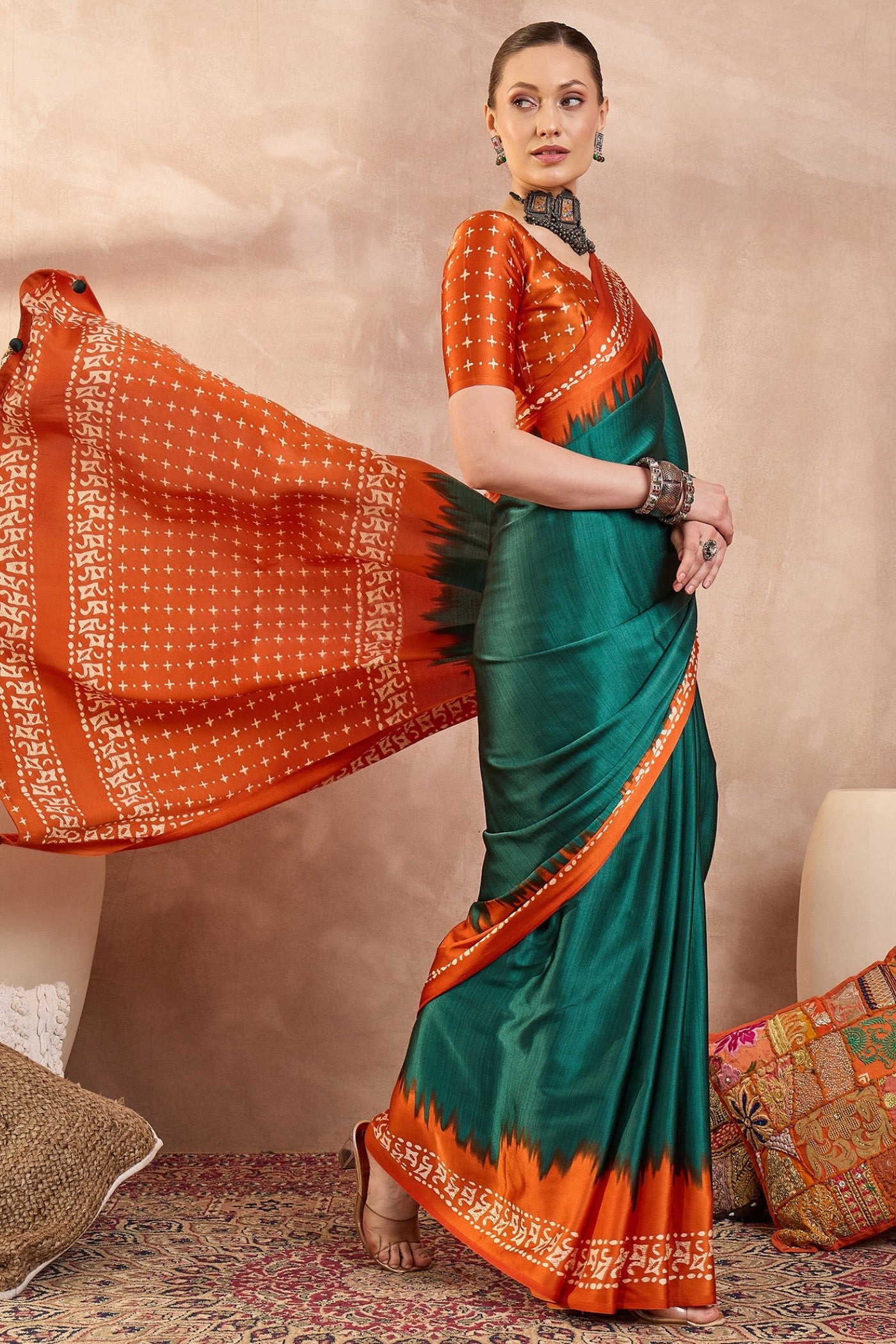 Buy MySilkLove Forest Green Printed Satin Crepe Silk Saree Online