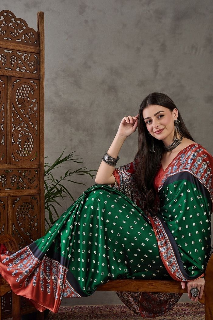MySilkLove Bottle Green Ajrakh Printed Satin Gaji Silk Saree