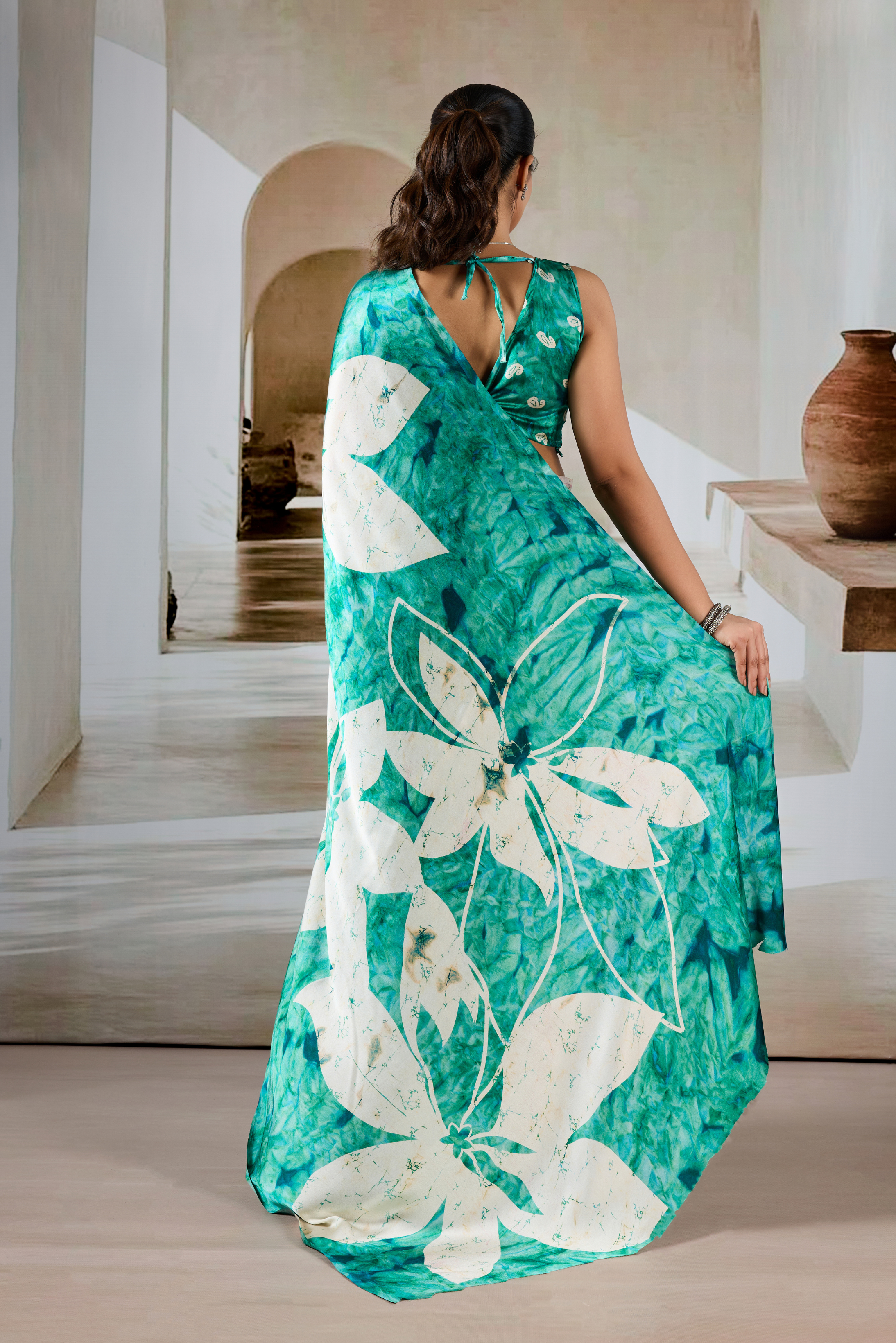 Buy MySilkLove Sea Green Modal Satin Hand Prism Print Saree Online