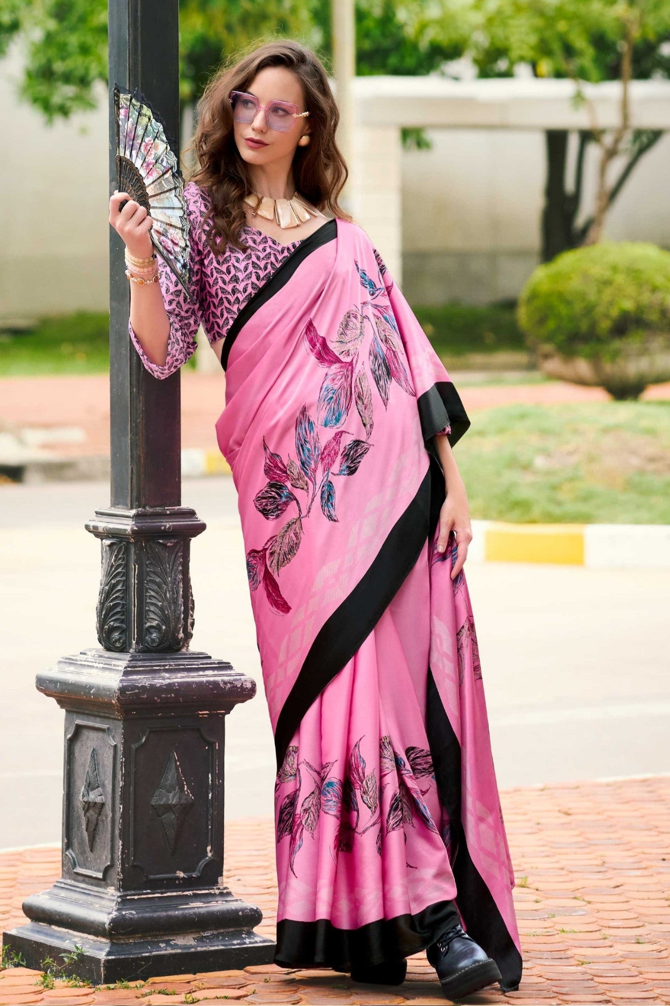 Buy MySilkLove Barbie Pink Printed Satin Crepe Saree Online