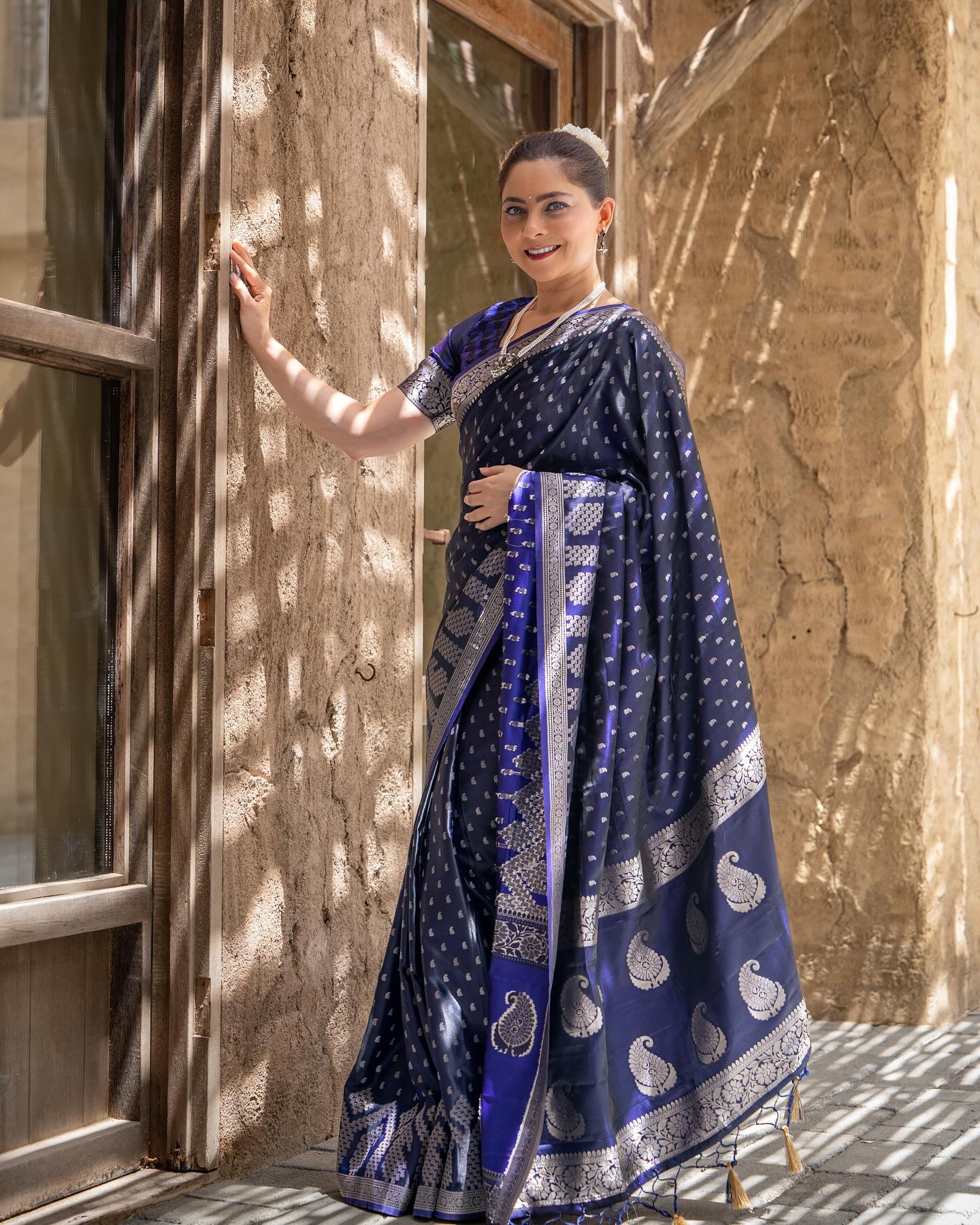 Buy MySilkLove Sonali Kulkarni in Martinique Blue Banarasi Handloom Satin Silk saree Online