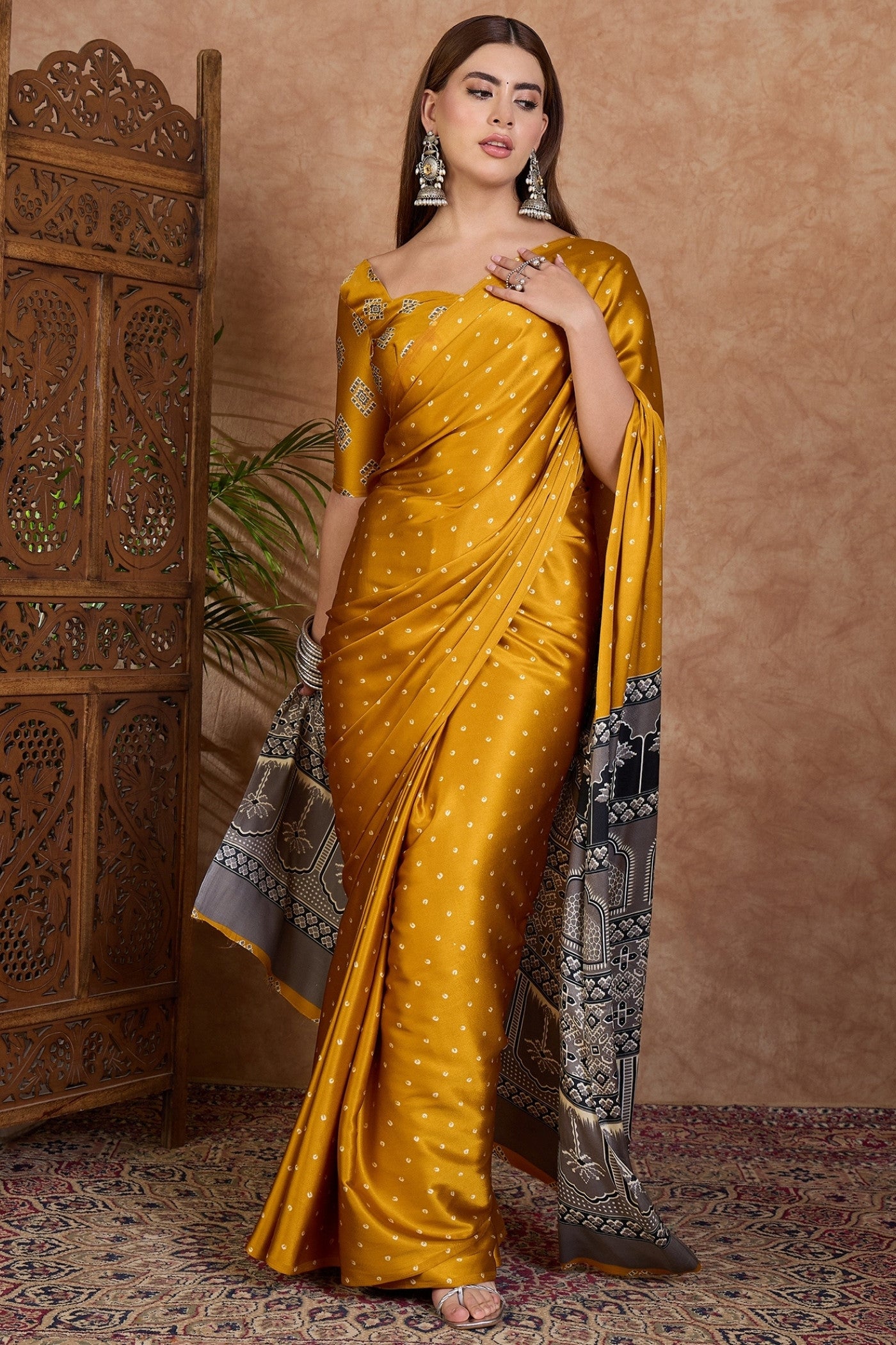 Buy MySilkLove Royal Yellow Ajrakh Printed Satin Crepe Silk Saree Online